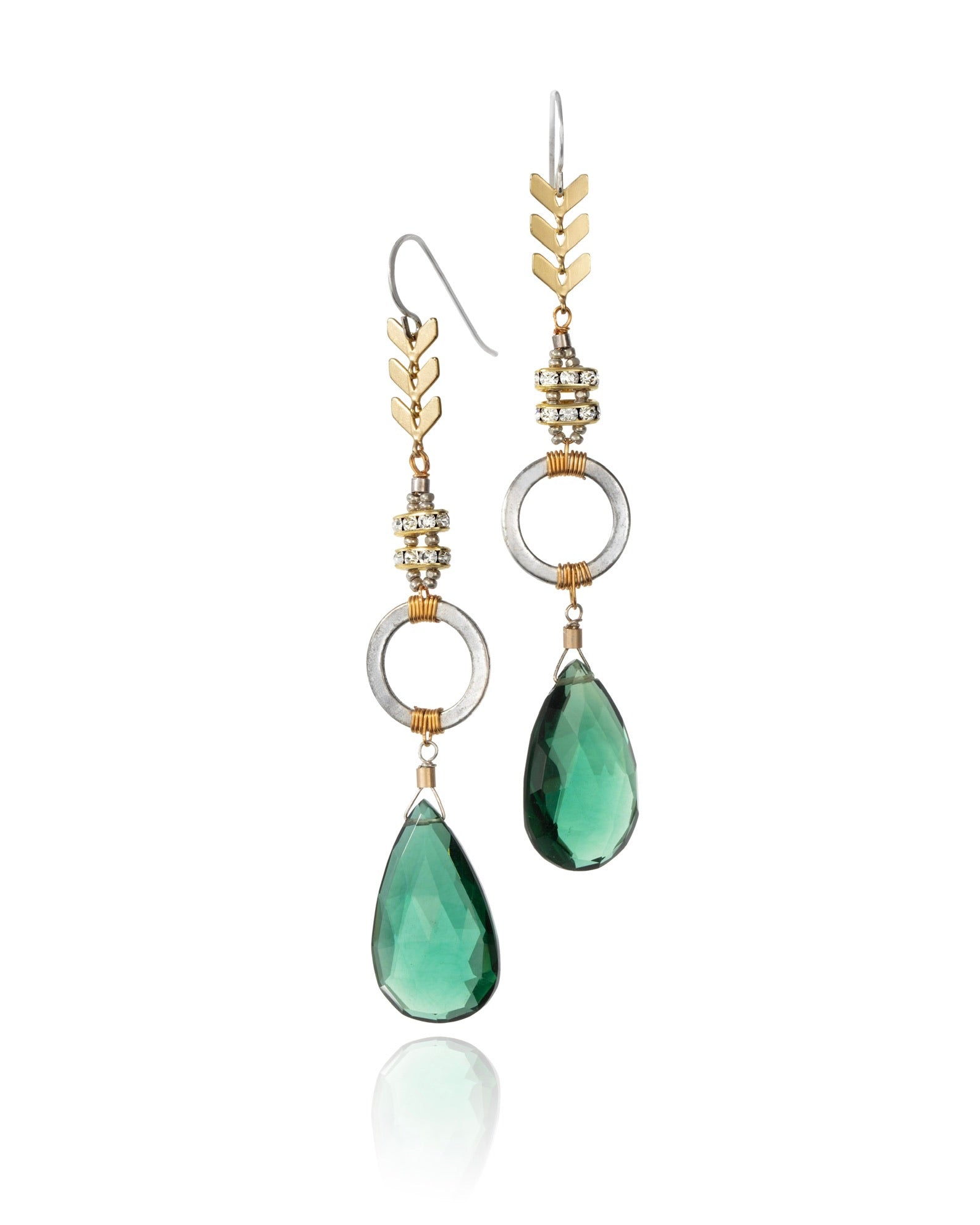 long stacked circle drop earrings in emerald hydro quartz with mixed metal electroplate