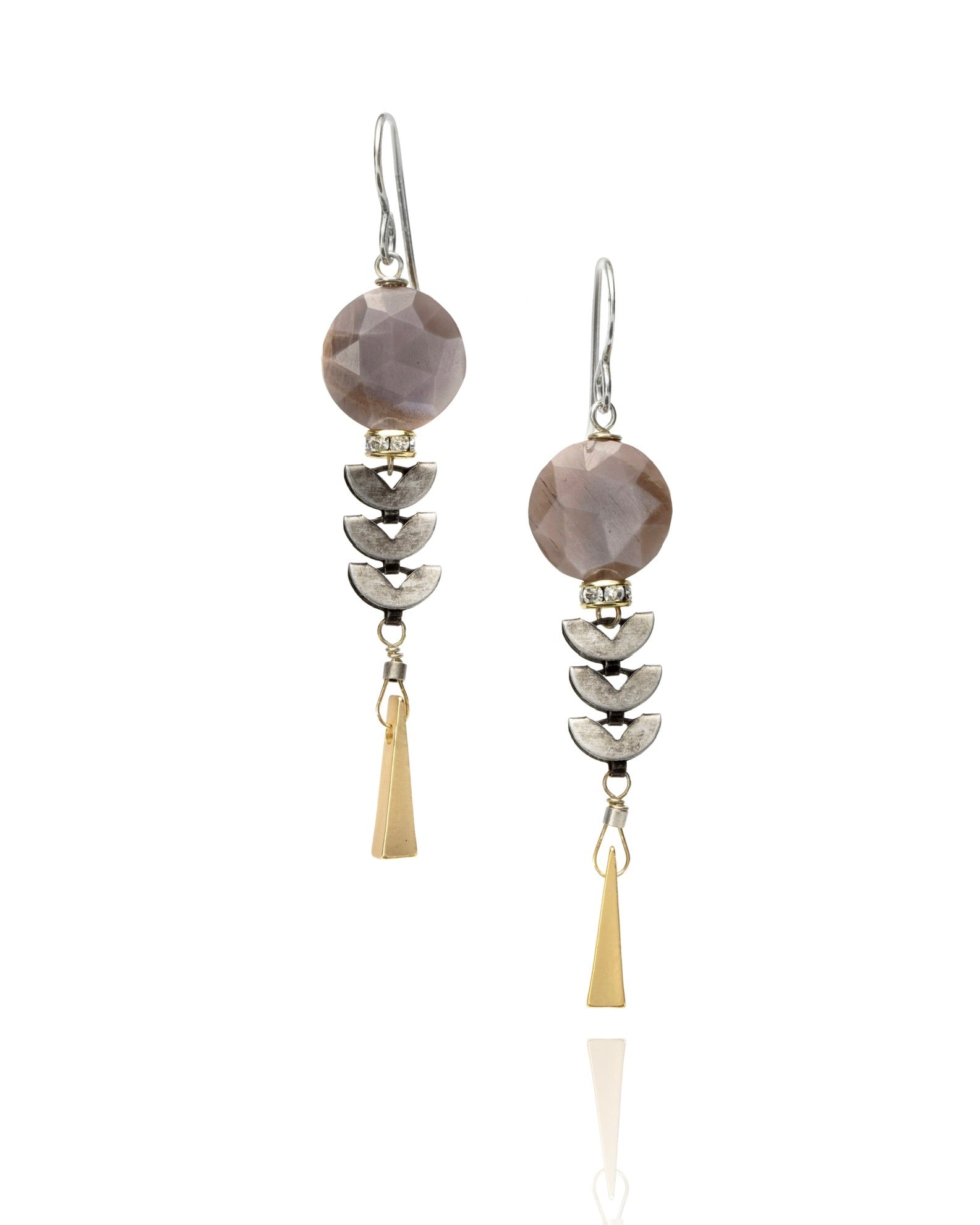 long stacked disc drop earrings in chocolate moonstone with gold electroplate