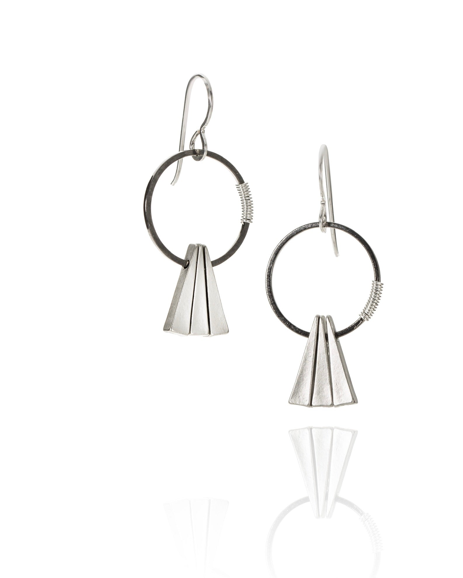 circle triangle drop earrings in antique silver electroplate