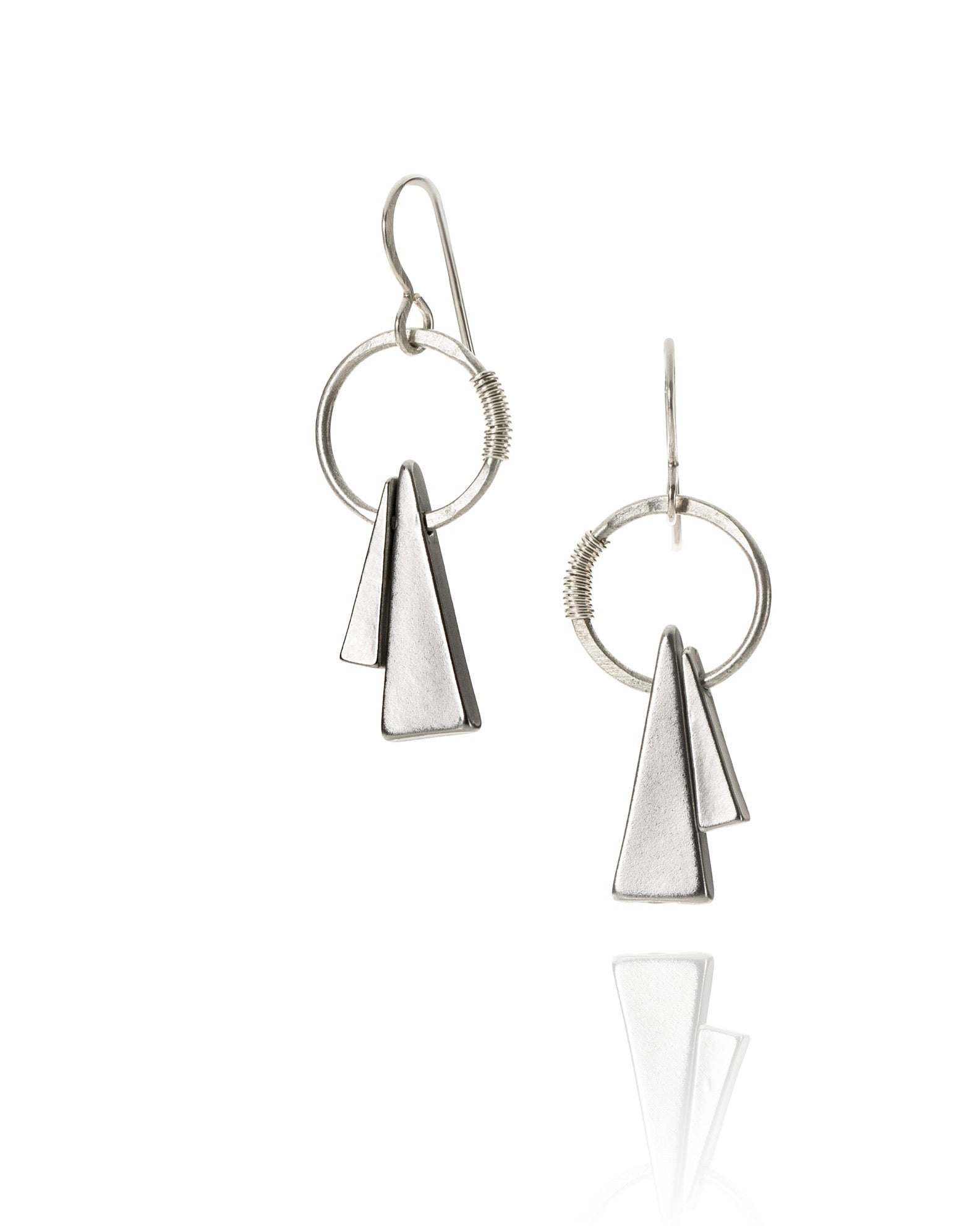 circle asymmetrical triangle drop earrings in antique silver electroplate