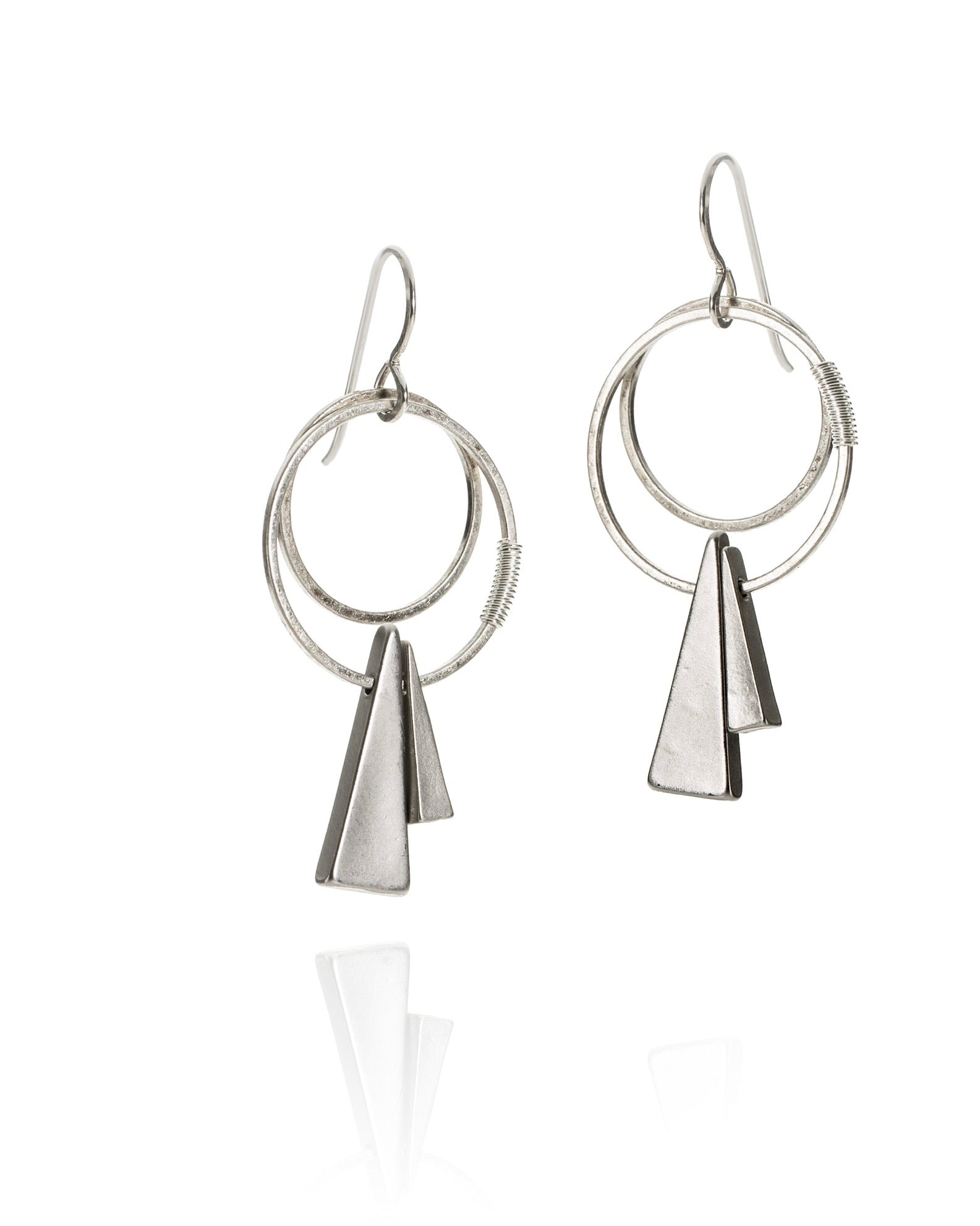 double circle triangle drop earrings in antique silver electroplate