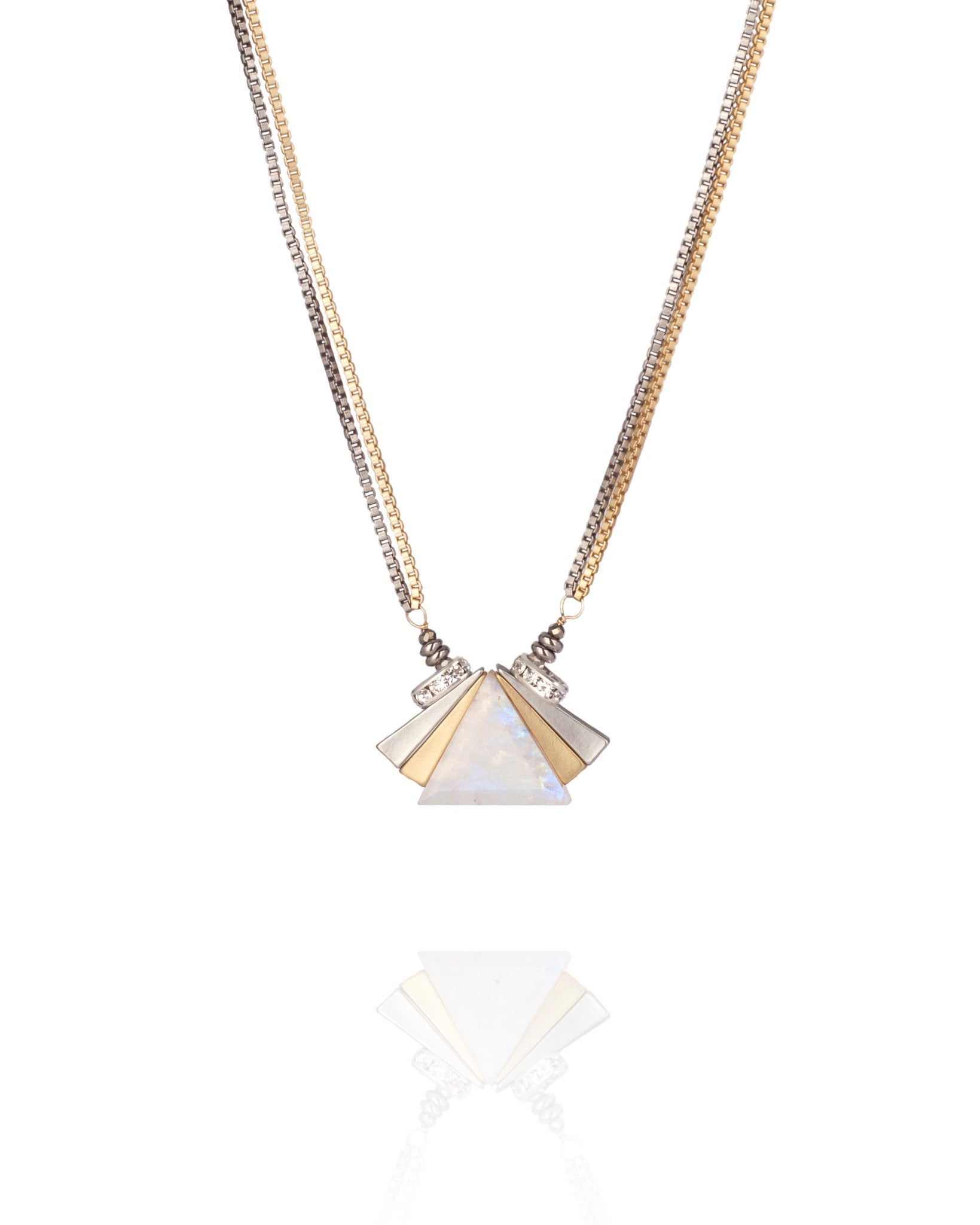 triangle pendant necklace in AAA grade moonstone with mixed metal electroplate and vintage crystal