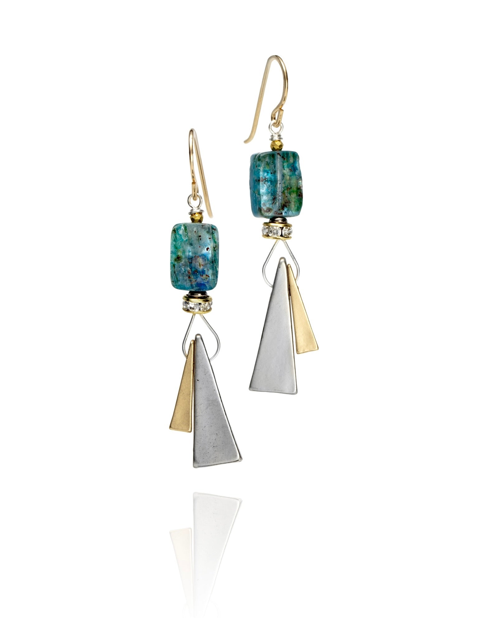 compact triangle drop earrings in antique Greek glass in mixed metal electroplate