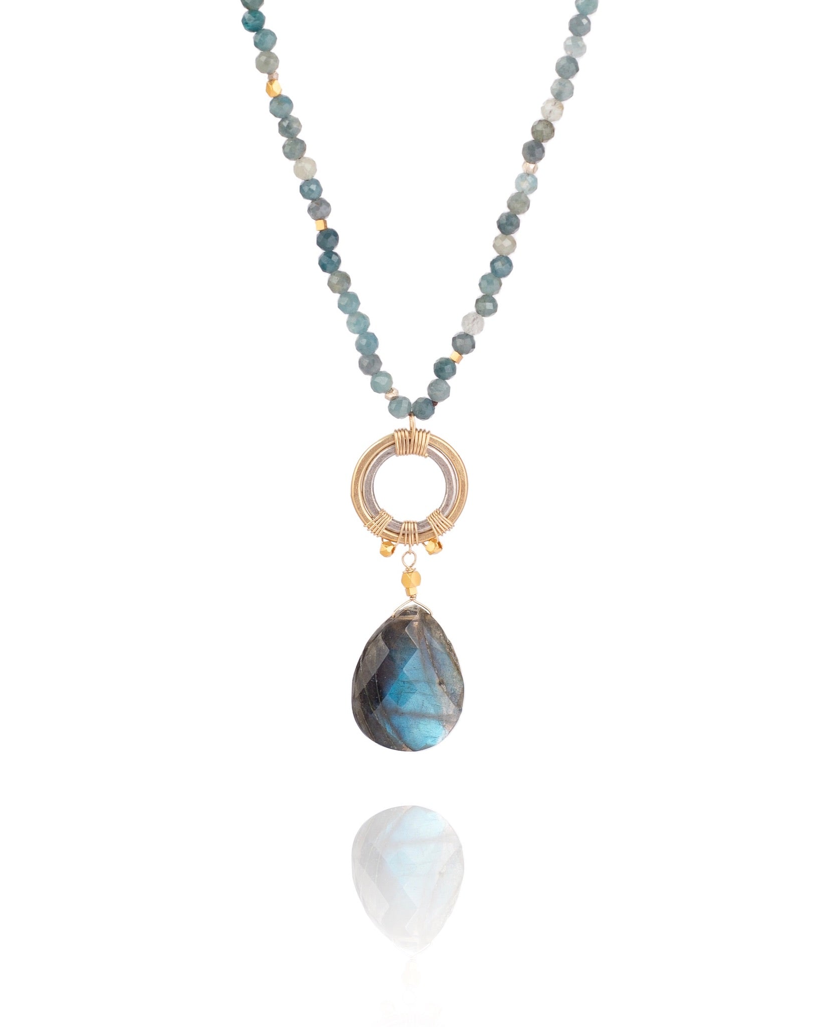 beaded necklace in blue tourmaline with labradorite pendant and 24k gold over sterling accents