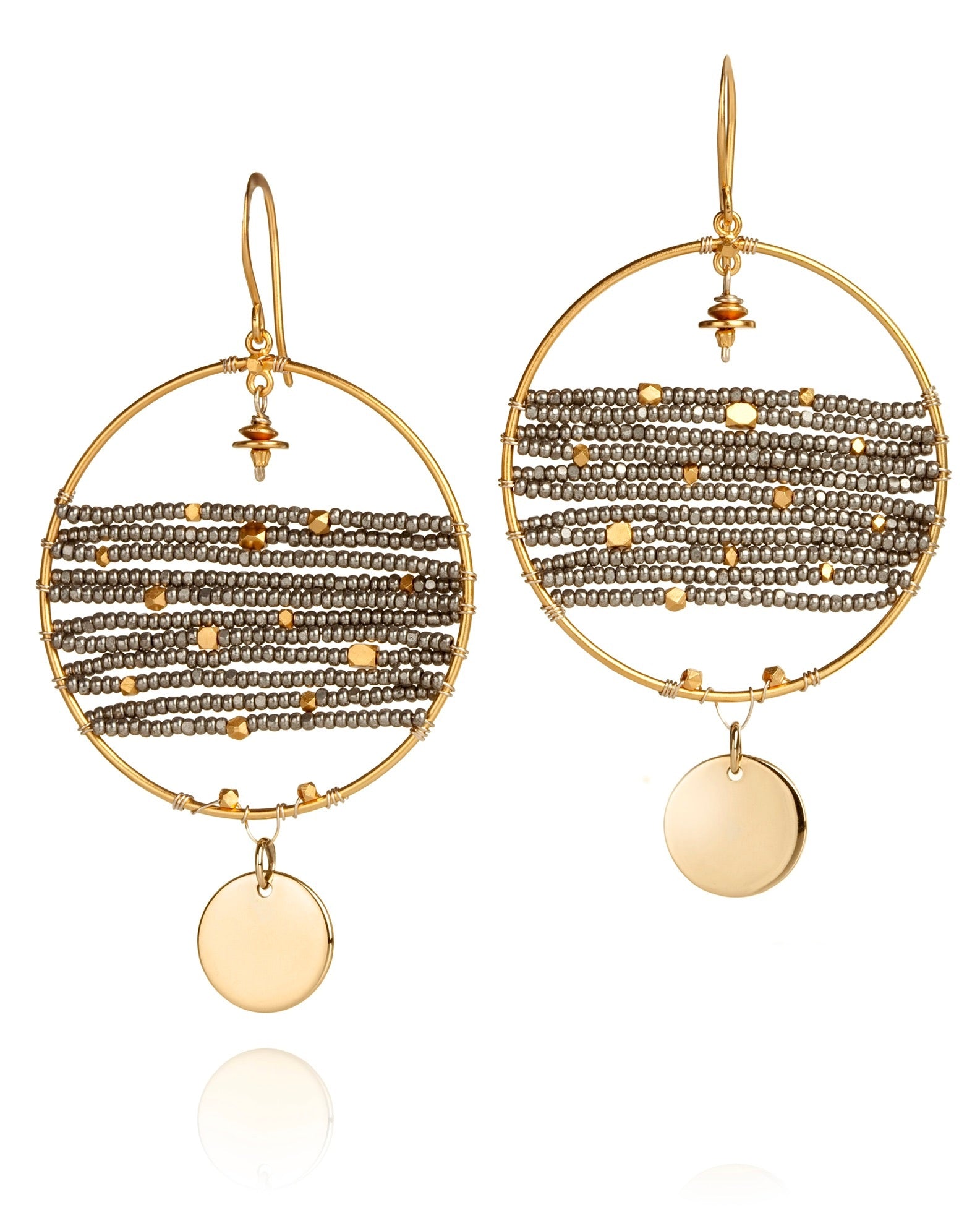 large circle drop earrings in mixed metal with gold over sterling and bronze coin