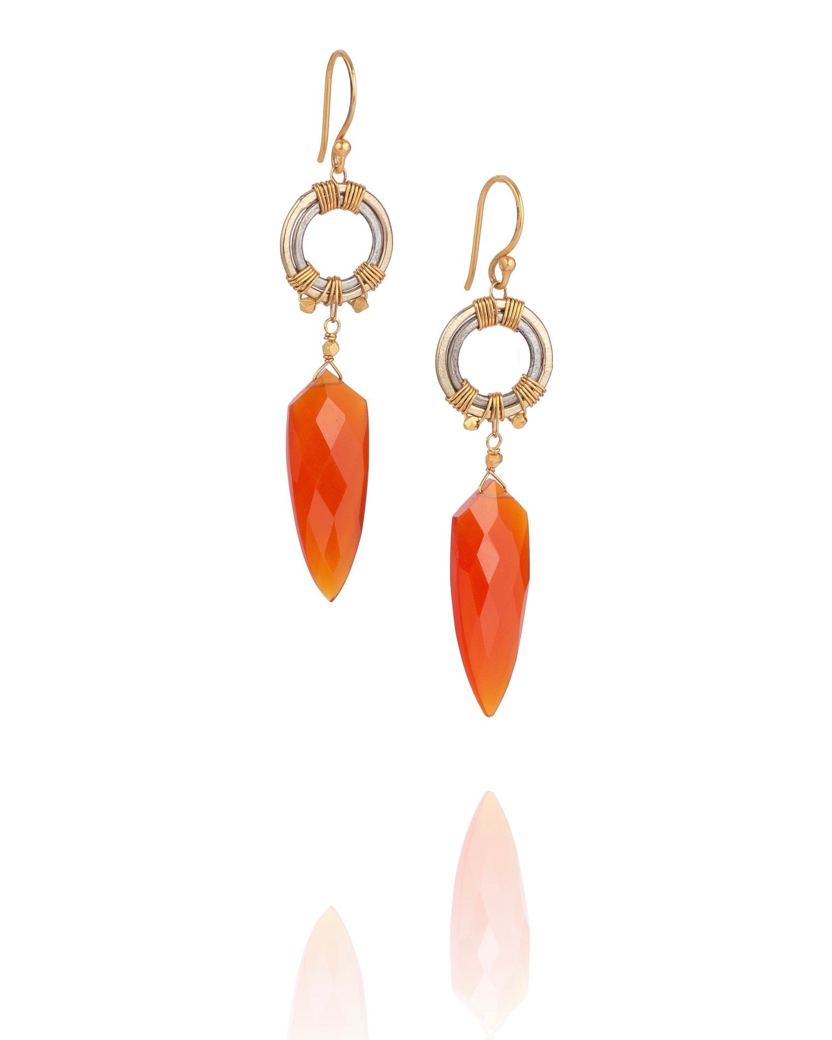 drop earrings in carnelian with mixed metal electroplate and 24k gold over sterling accents