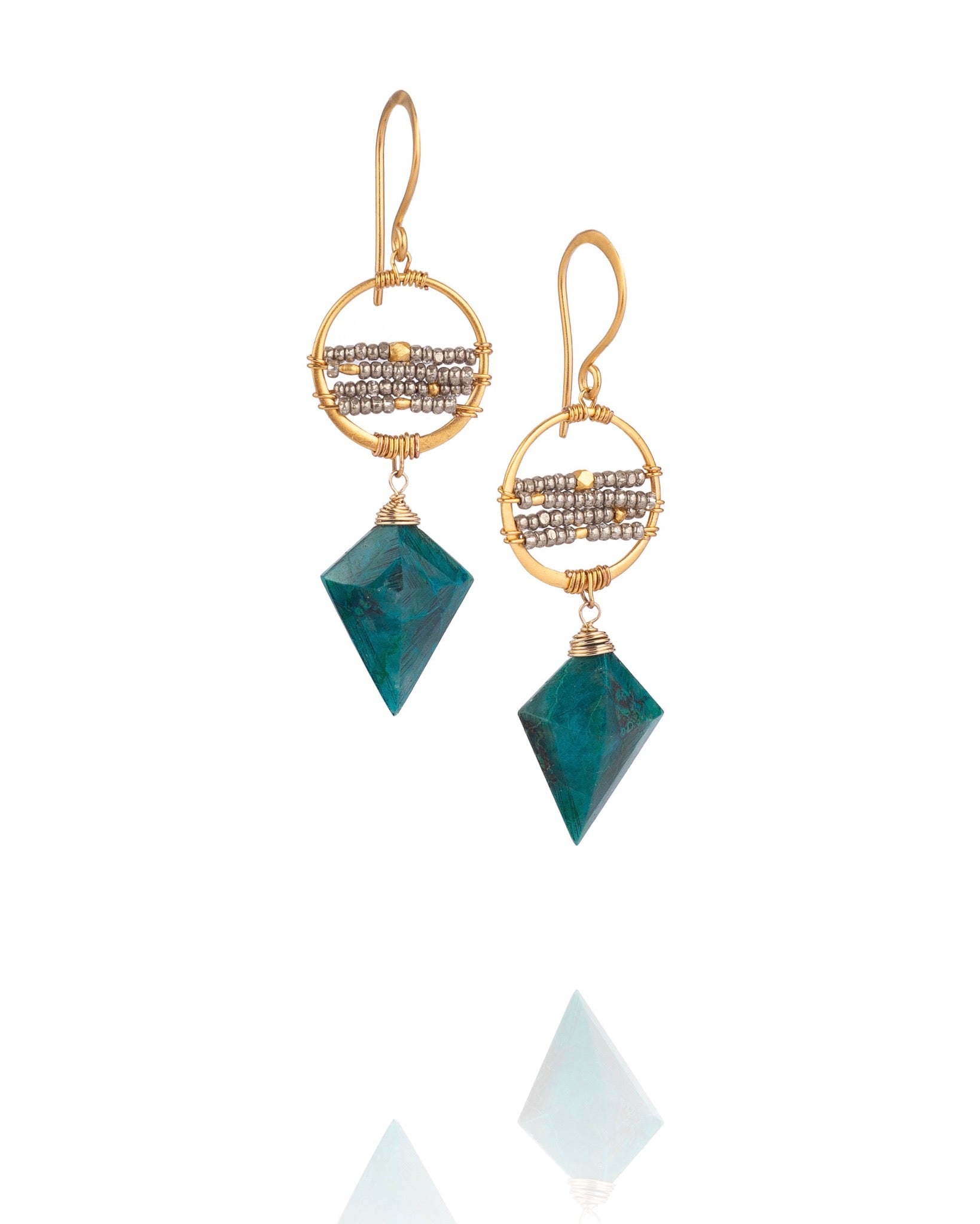 chrysocolla drop earrings with textured circle