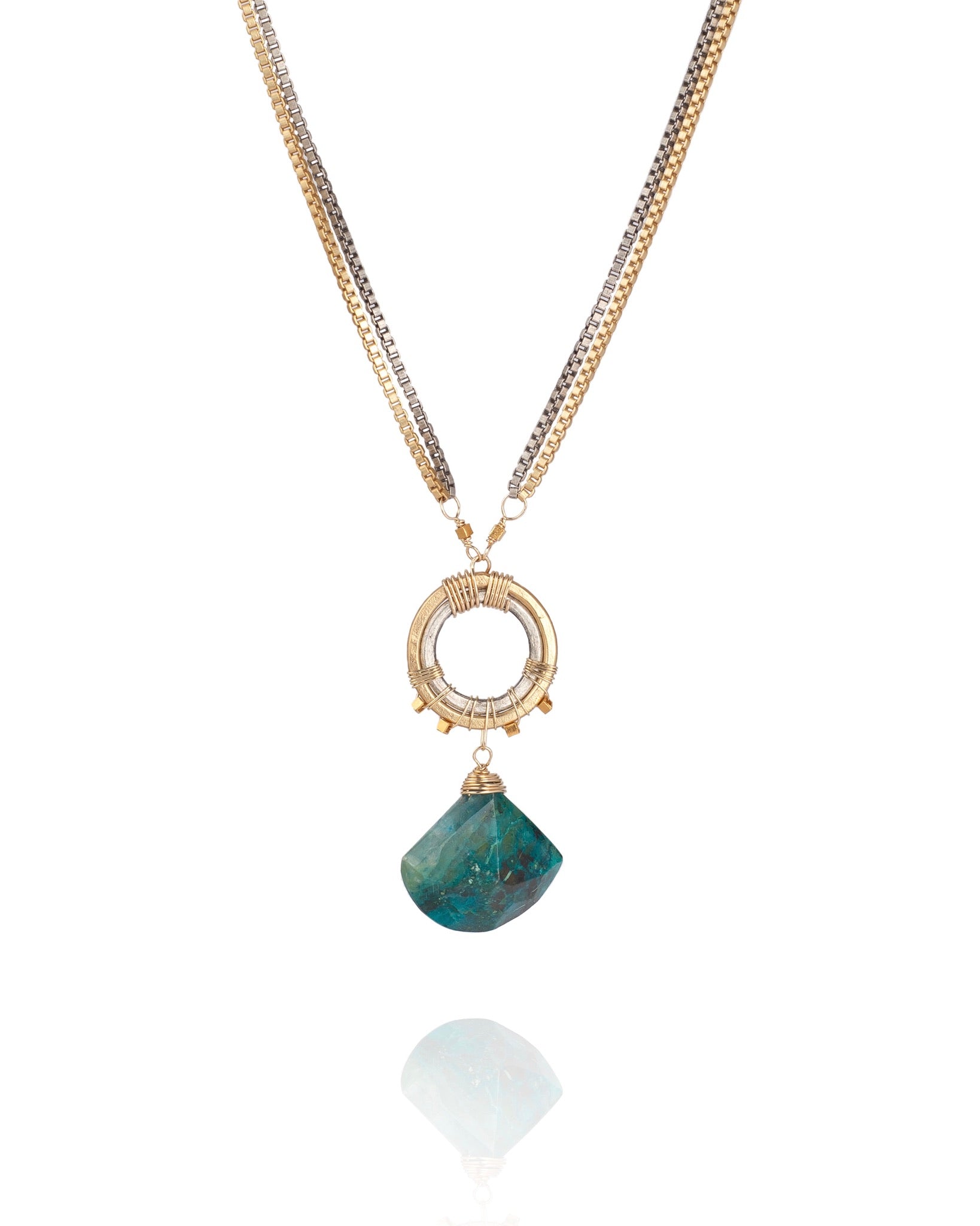 pendant necklace in chrysocolla with 24k gold over sterling beads and mixed metal electroplate