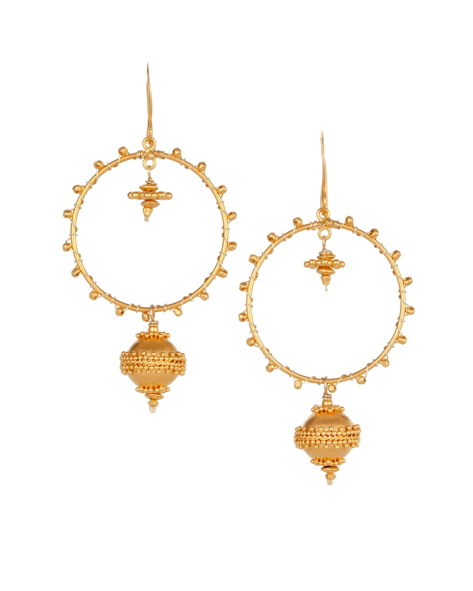 circle disc drop earrings in 24k gold over sterling silver with 14k gold wire with granulated gold ball