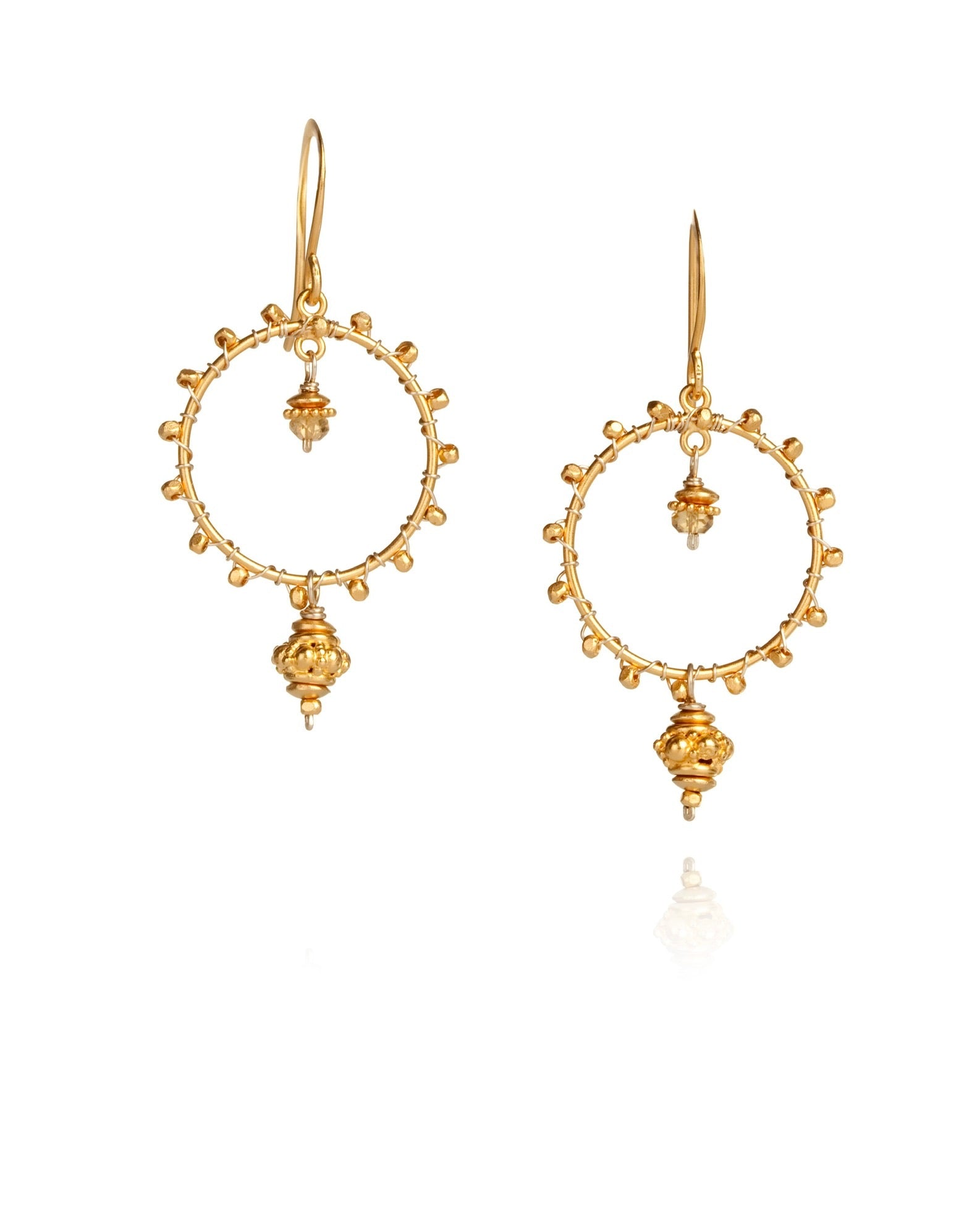 circle drop earrings in 24k gold over sterling silver with 14k gold wire with granulated gold drop