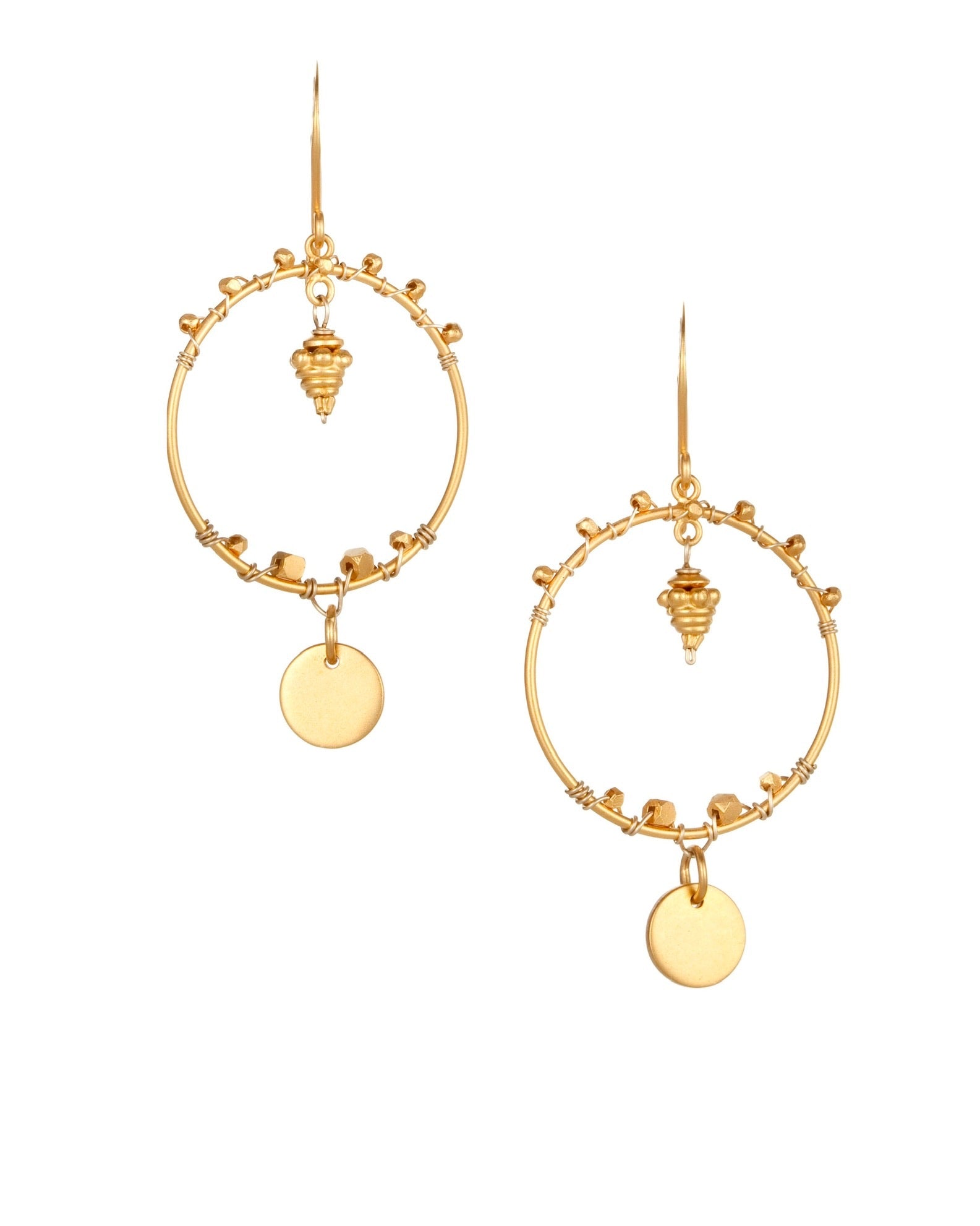 circle drop earrings in 24k gold over sterling silver with 14k gold wire with small coin