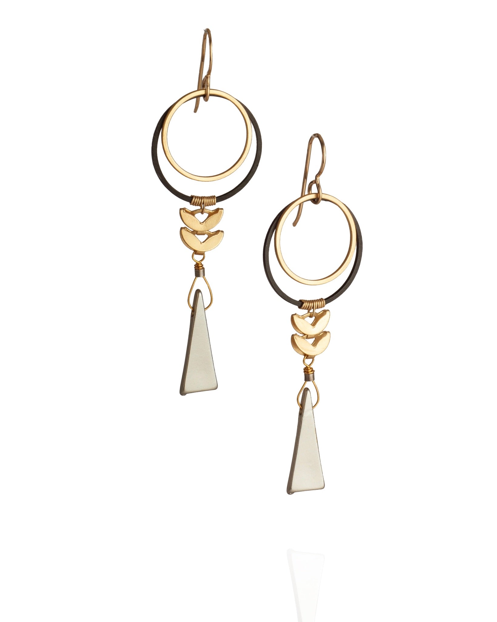 gold geometric earrings with circle and triangle drops