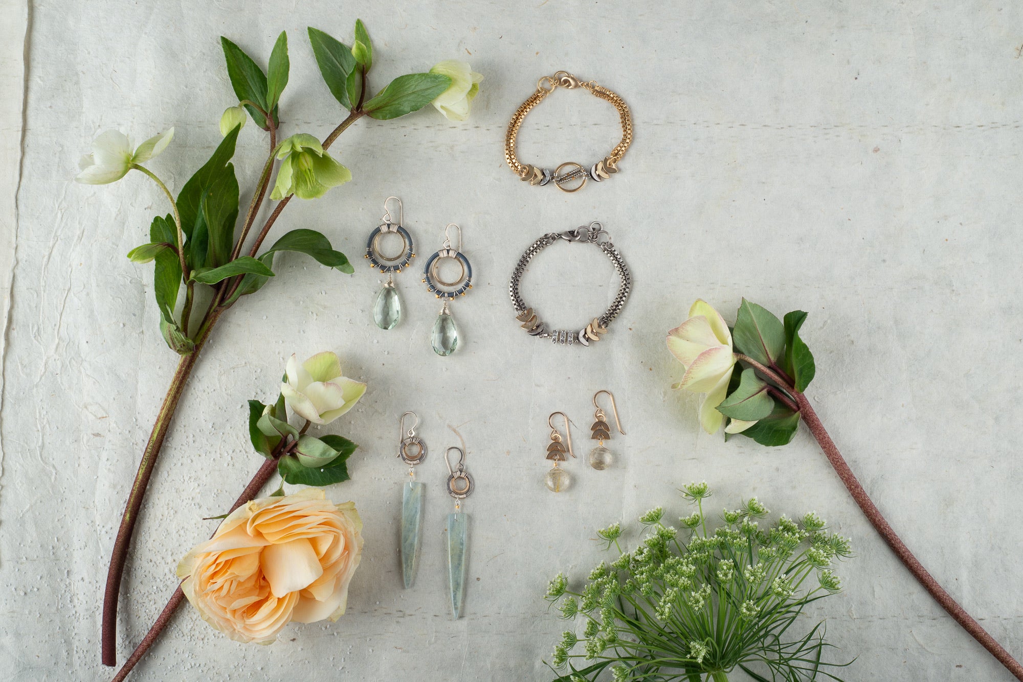 collection with vintage crystal bracelets and lemur calcite spike earrings