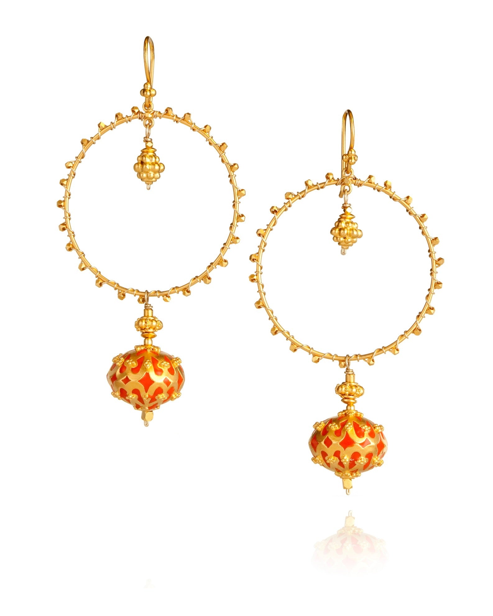 large circle drop earrings in orange enamel with 24k gold over sterling silver with 14k gold wire