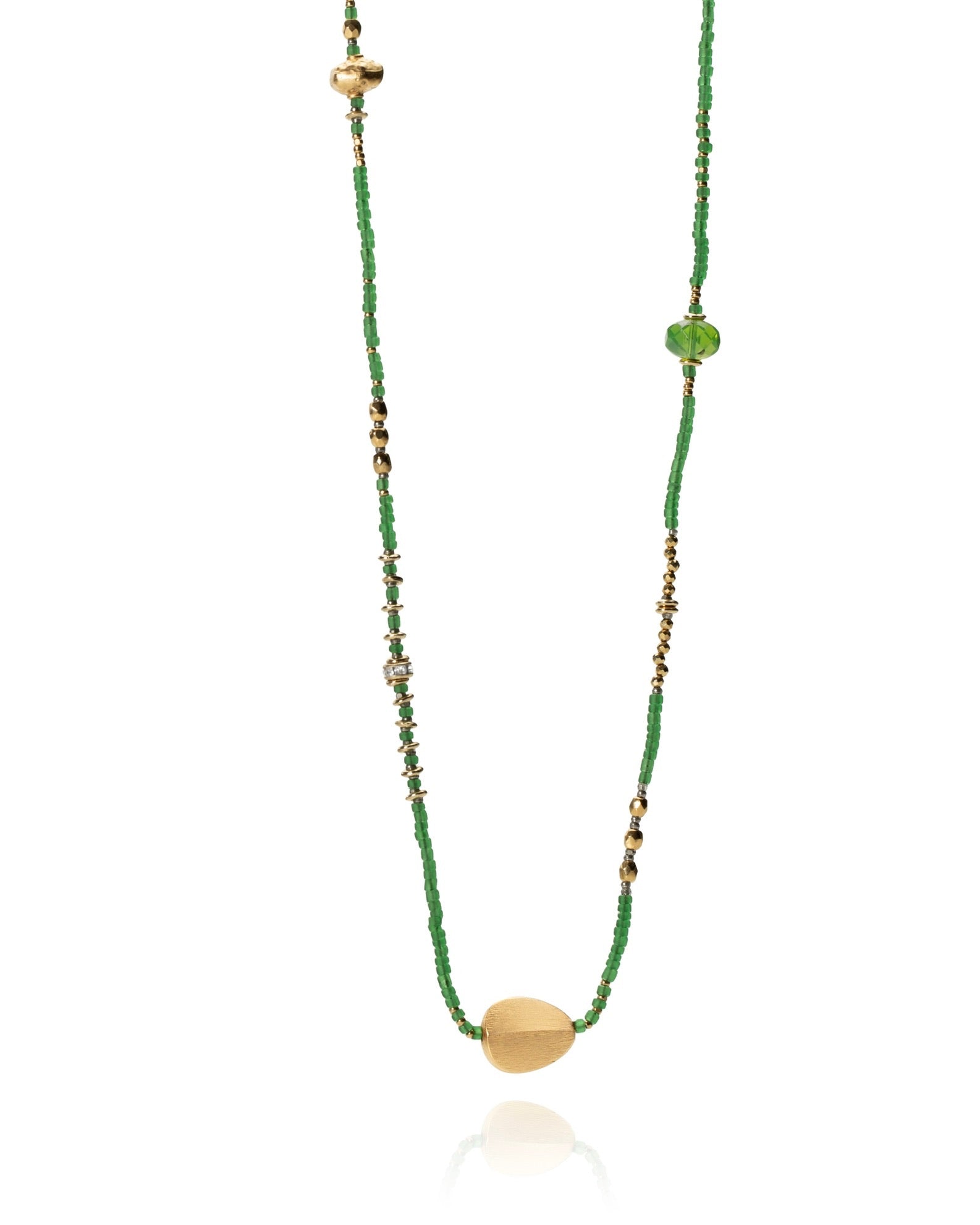 Long Necklace in Green Afghani Glass with 24k Gold over Sterling
