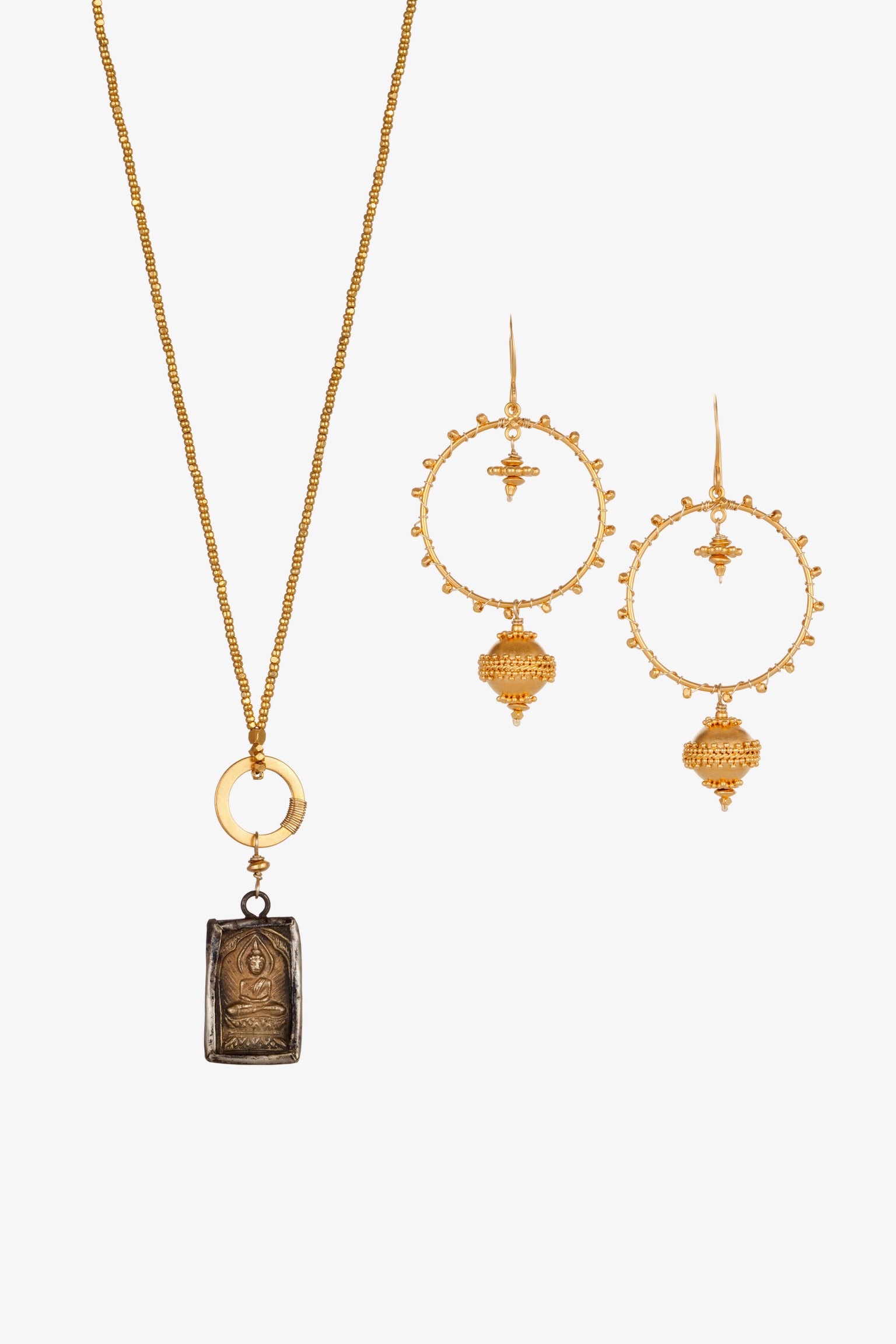 circle disc drop earrings in 24k gold over sterling silver with 14k gold wire with granulated gold ball and antique buddha pendant with Charlotte beads with 24k gold group