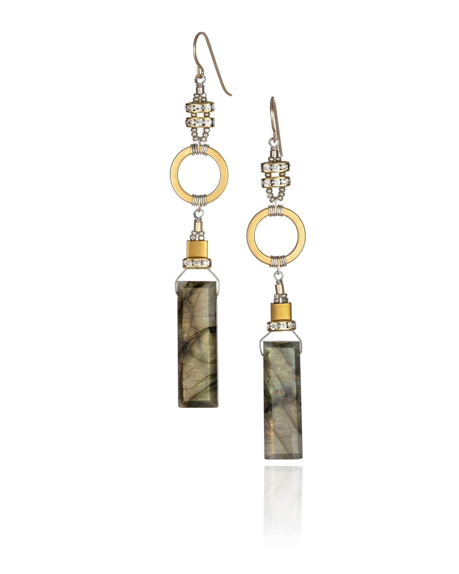 labradorite drop earrings with bronze hematite and vintage crystal with 24k gold over sterling