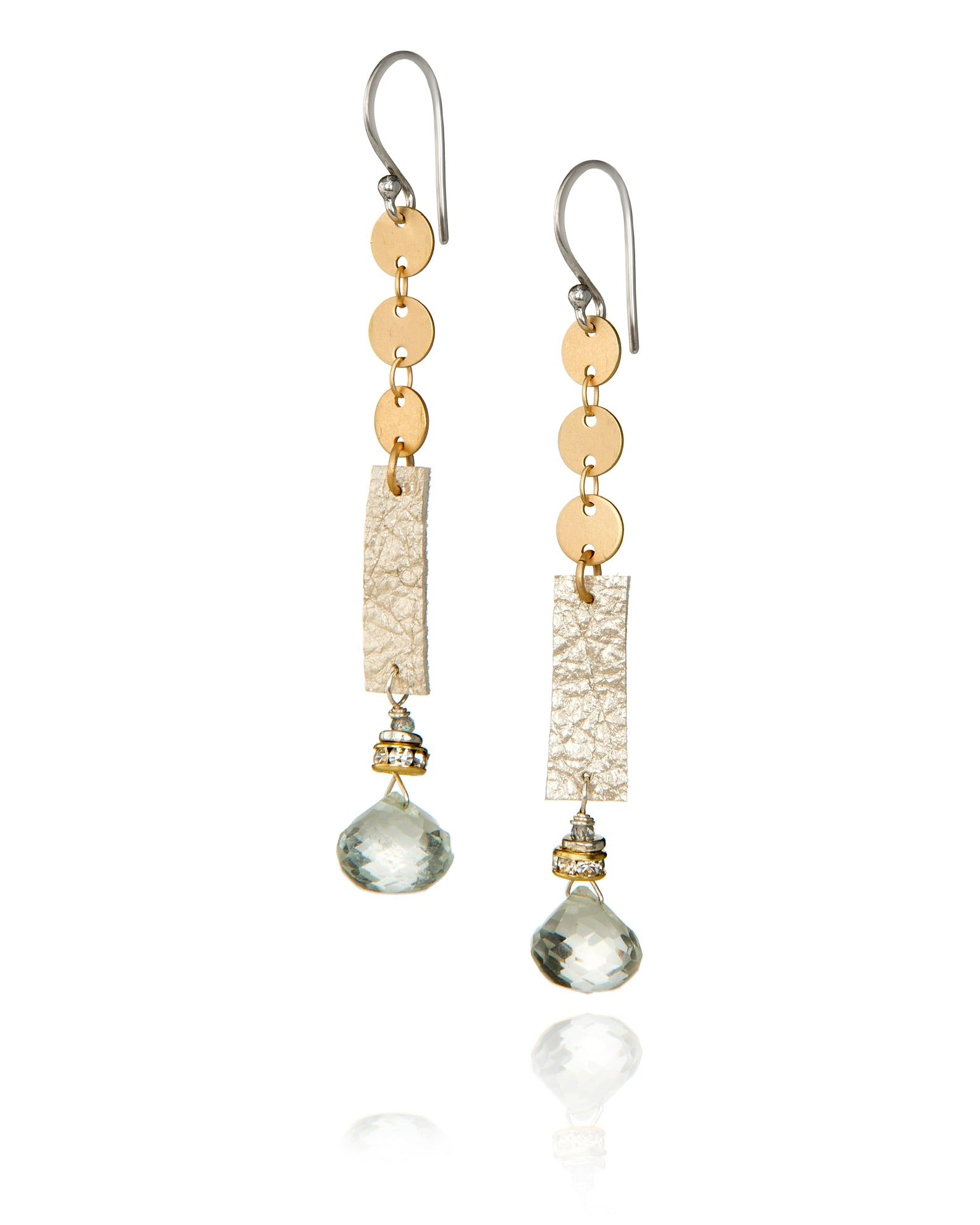 linear drop earrings in leather with green amethyst with gold electroplate