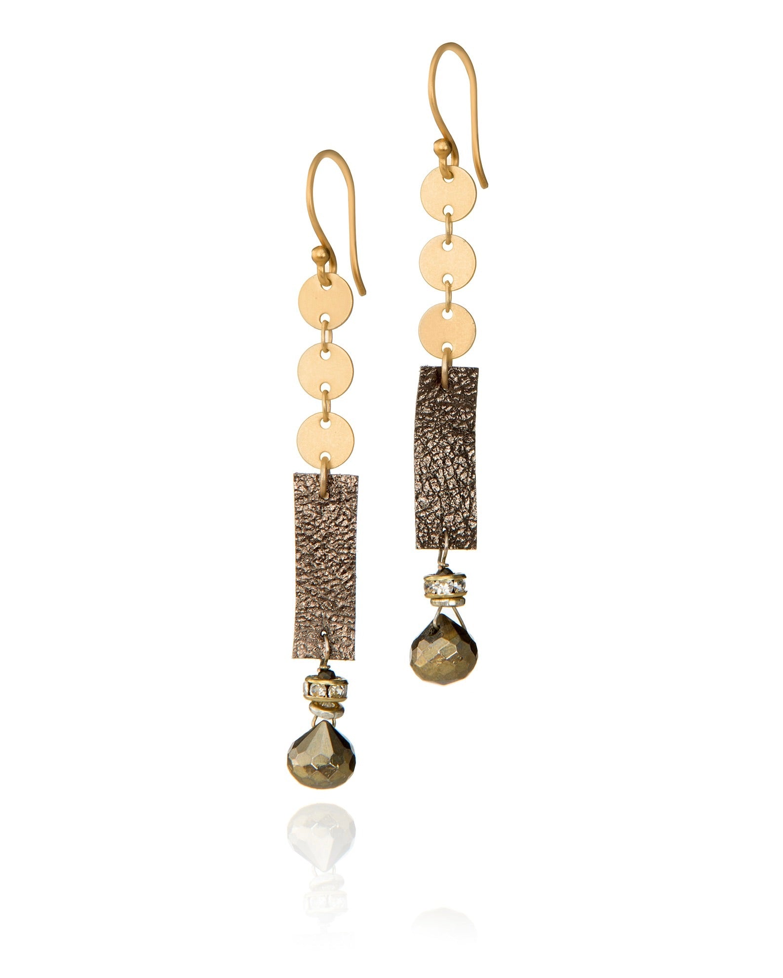 linear drop earrings in leather with pyrite with gold electroplate