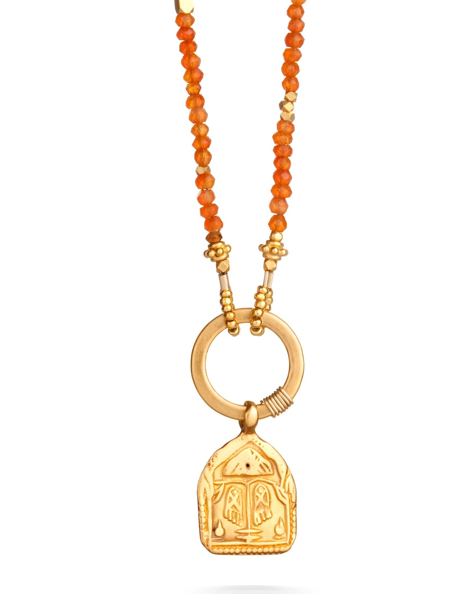 circle pendant necklace in orange carnelian with antique pendant with 24k gold over sterling silver