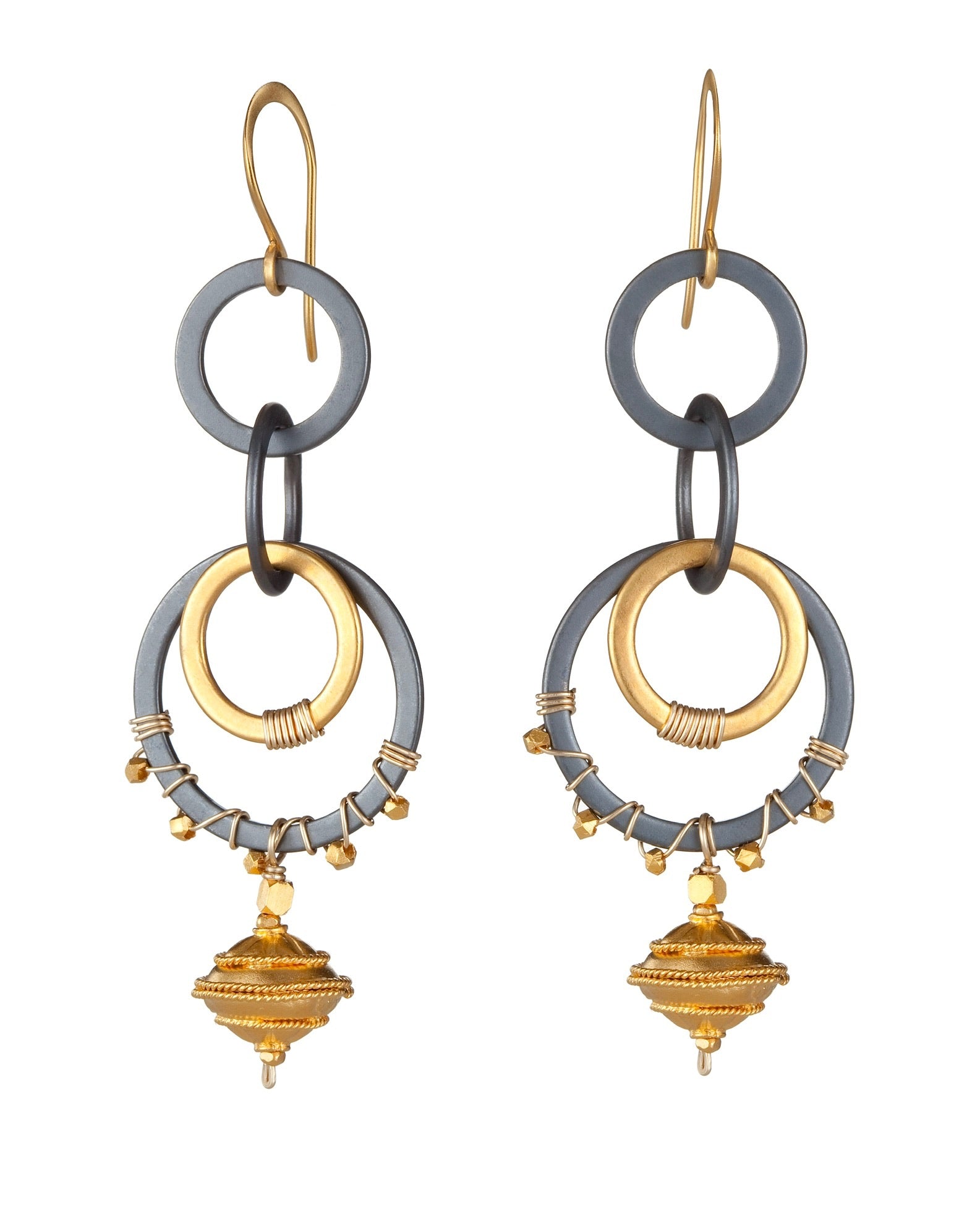 double circle drop earrings in oxidized silver with 24k gold over sterling with tiered granulated gold ball