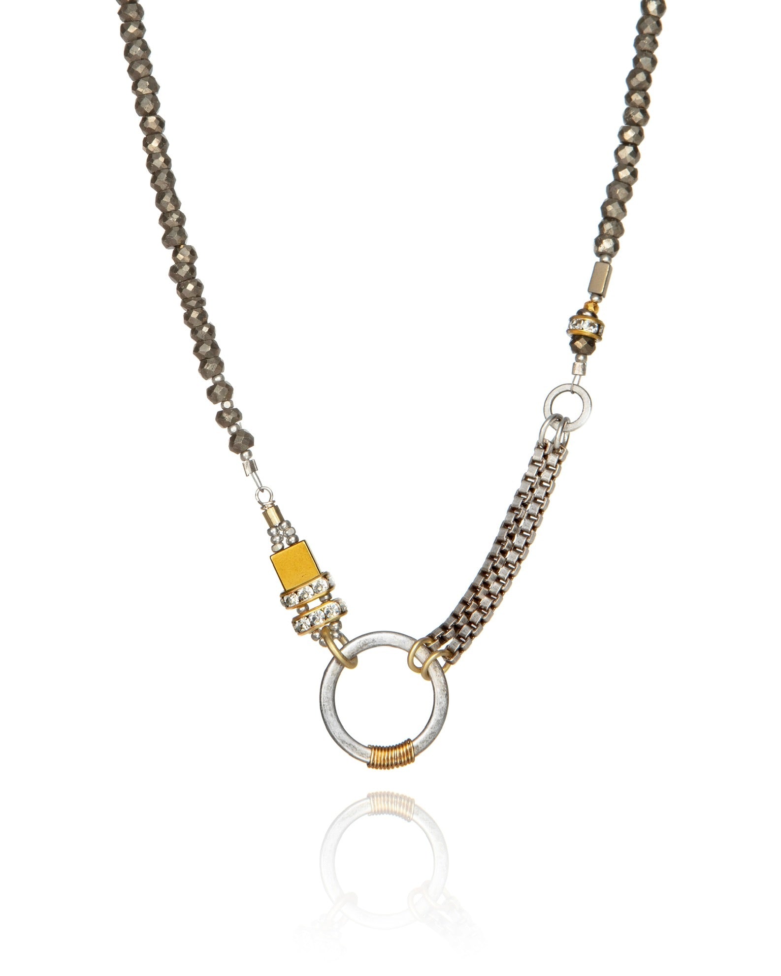 pendant necklace in pyrite with antique silver electroplate chain and 24k gold accents