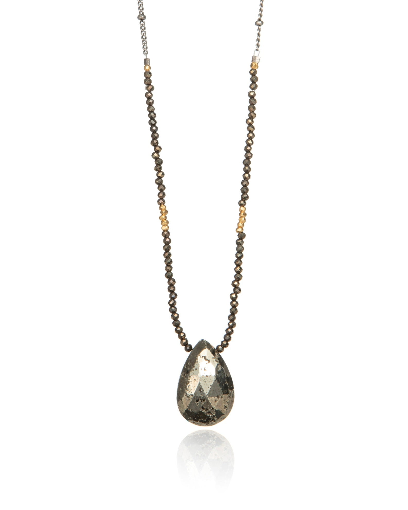 pendant necklace in pyrite with 24k gold accents and antique silver electroplate chain