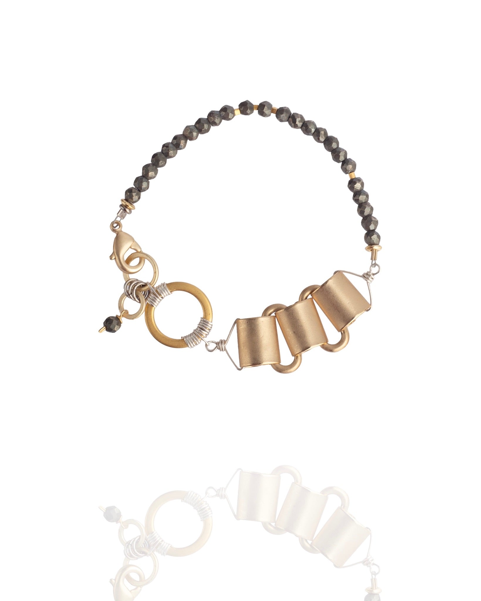 bracelet in pyrite with 24k gold over sterling accents and vintage gold chain