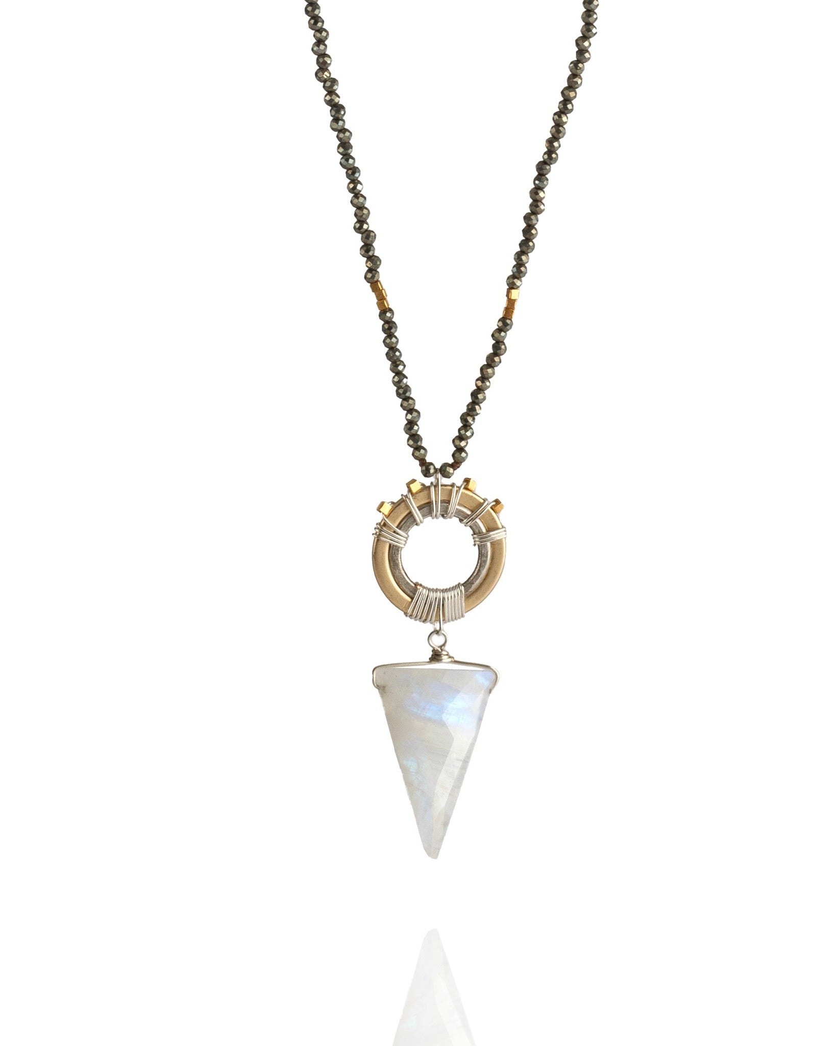necklace with pyrite and moonstone triangle pendant