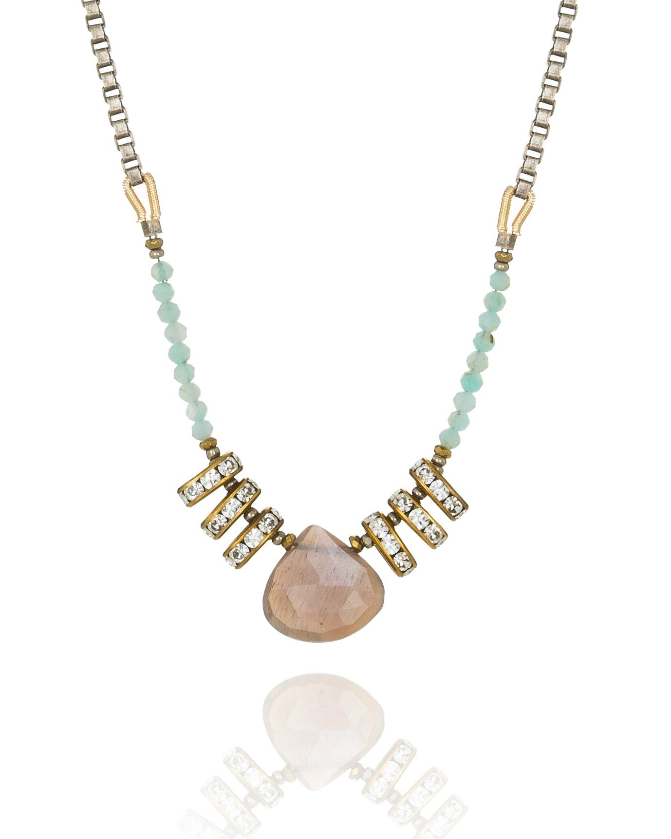 chocolate moonstone drop necklace with amazonite on antique silver box chain
