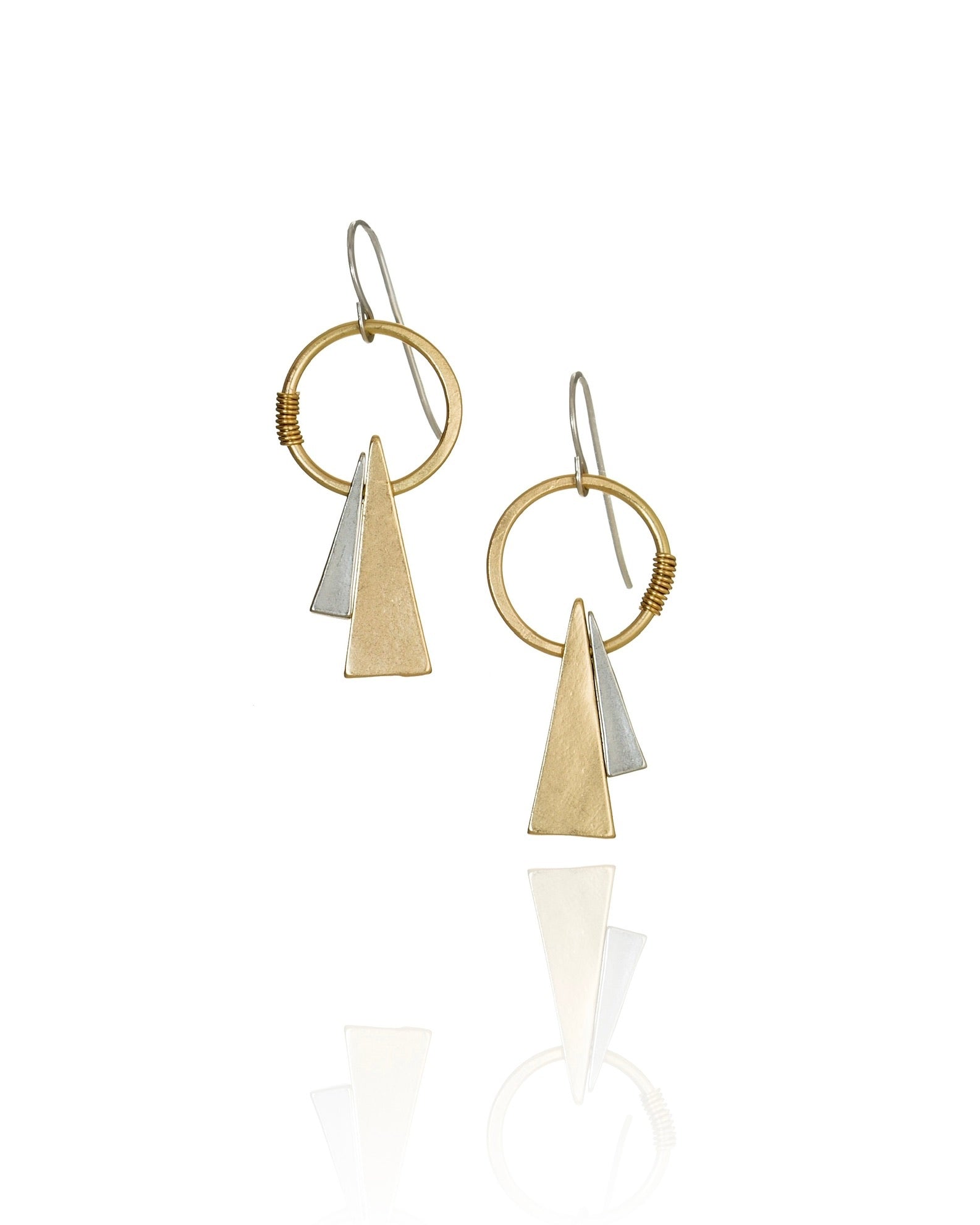 short mixed metal circle and triangle drop earrings