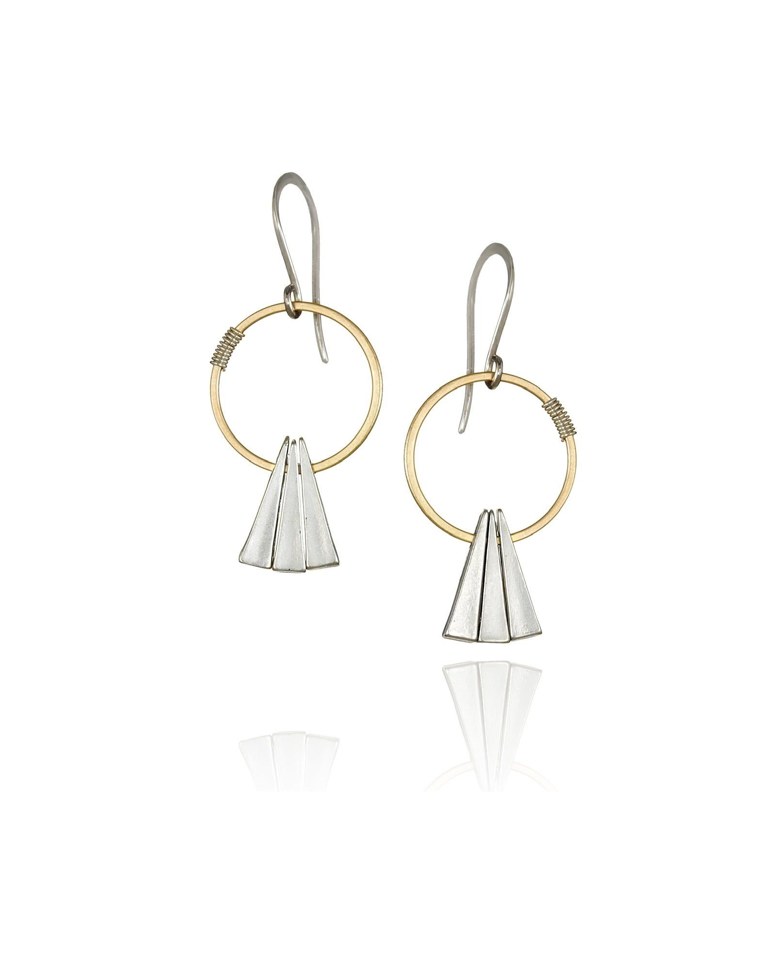 double triangle drop silver and gold electroplate earrings