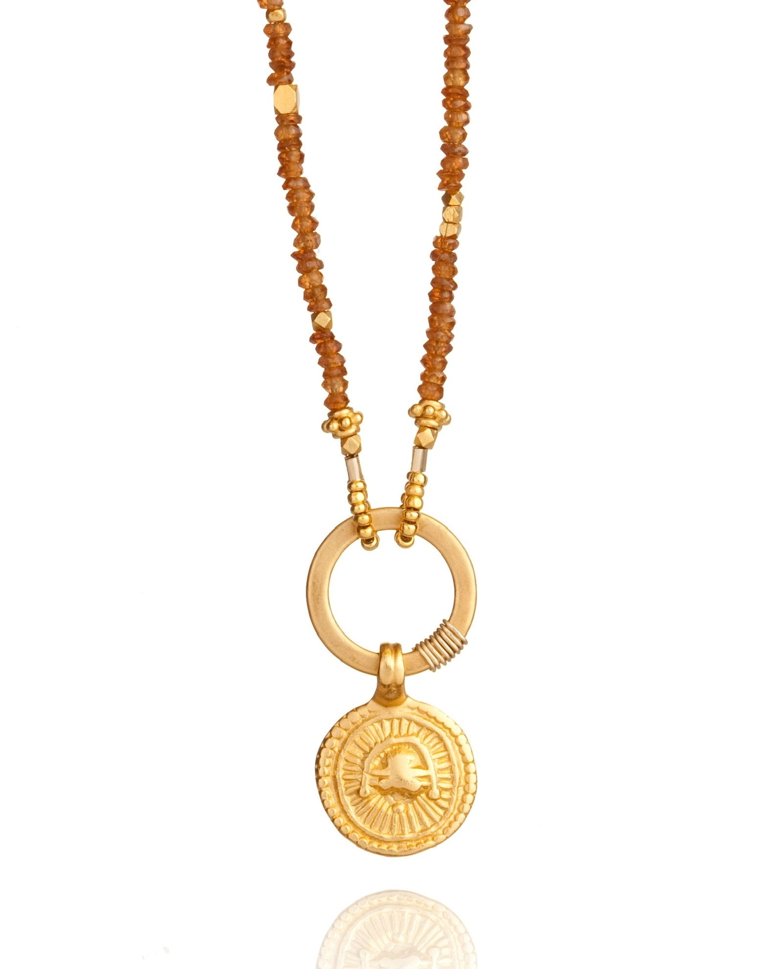 circle pendant necklace in spessartite garnet with antique pendant with 24k gold over sterling silver