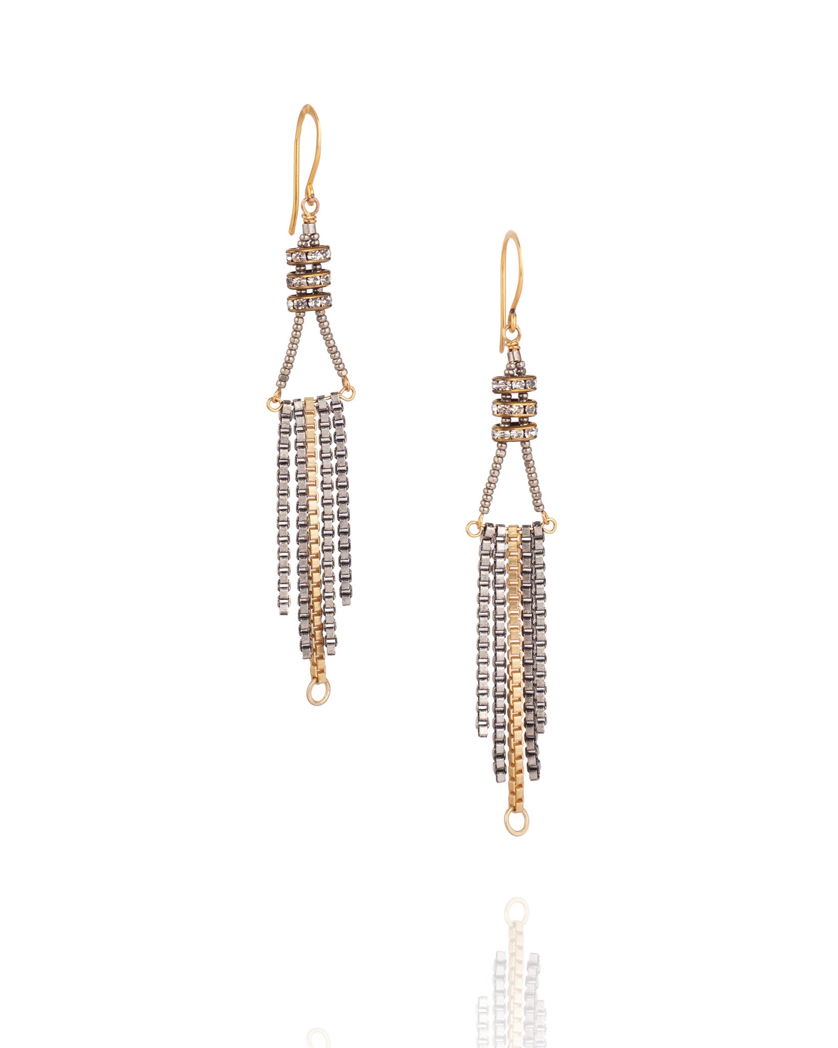 linear fringe drop earrings in vintage crystal with mixed metal electroplate and 24k gold over sterling accents