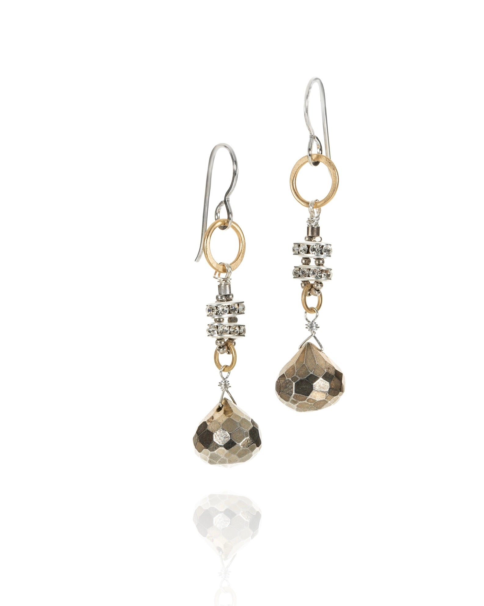 linear drop earrings in vintage crystal with pyrite with gold electroplate