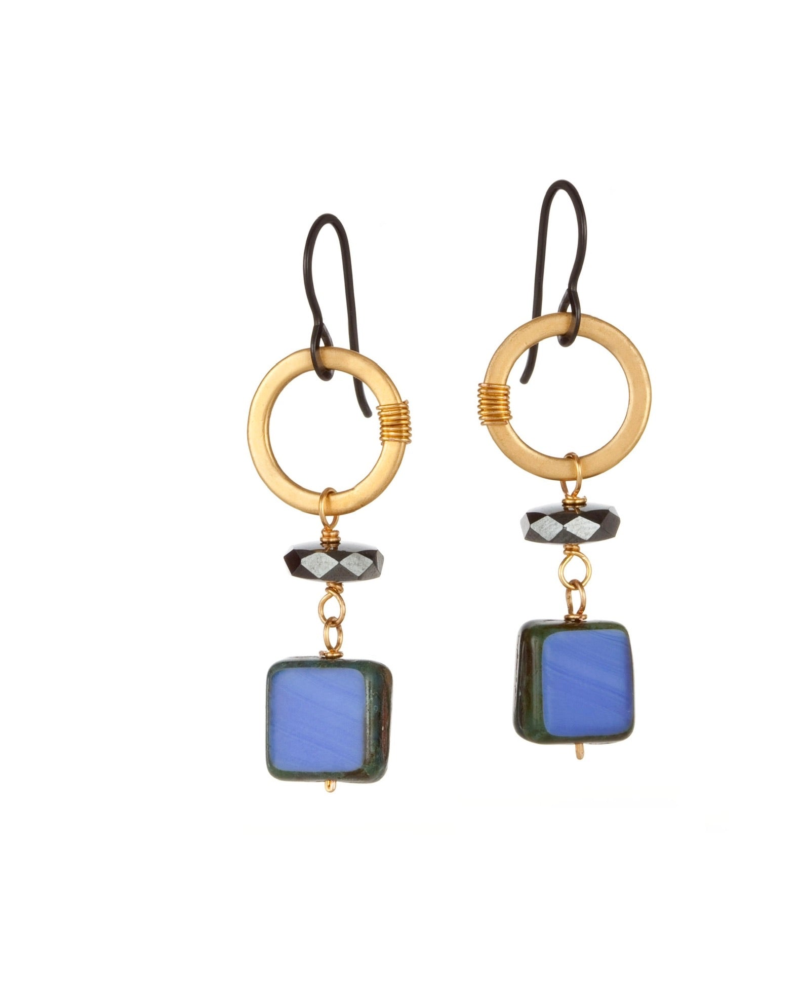 long circle square drop earrings in blue vintage Czech glass with pyrite with mixed metal electroplate
