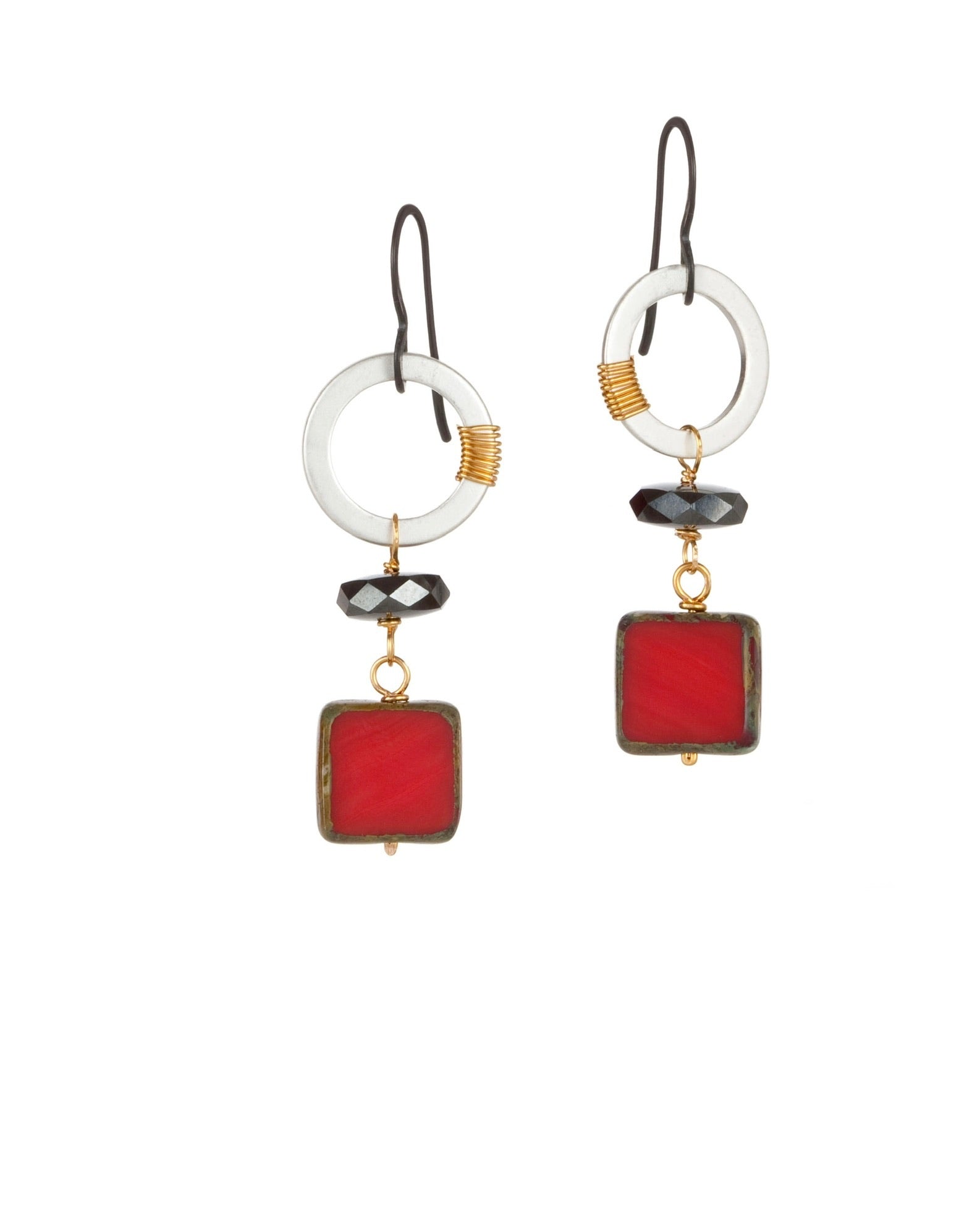 circle square drop earrings in red vintage Czech glass with pyrite with mixed metal electroplate