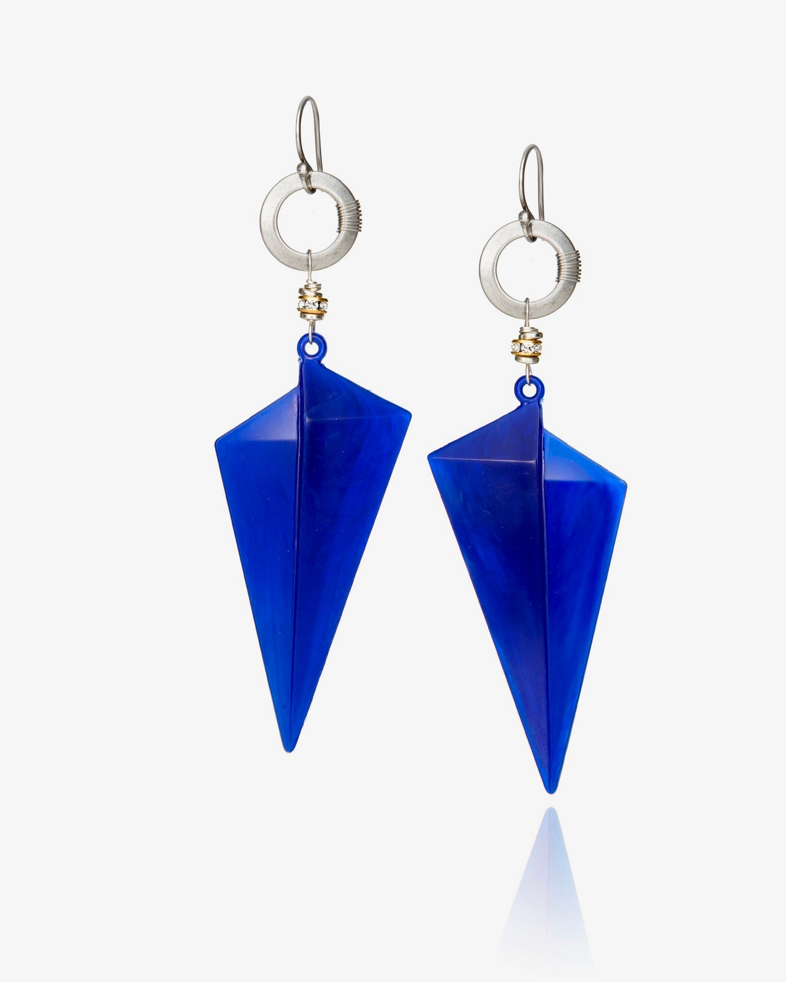triangle drop earrings in blue vintage resin with gold electroplate
