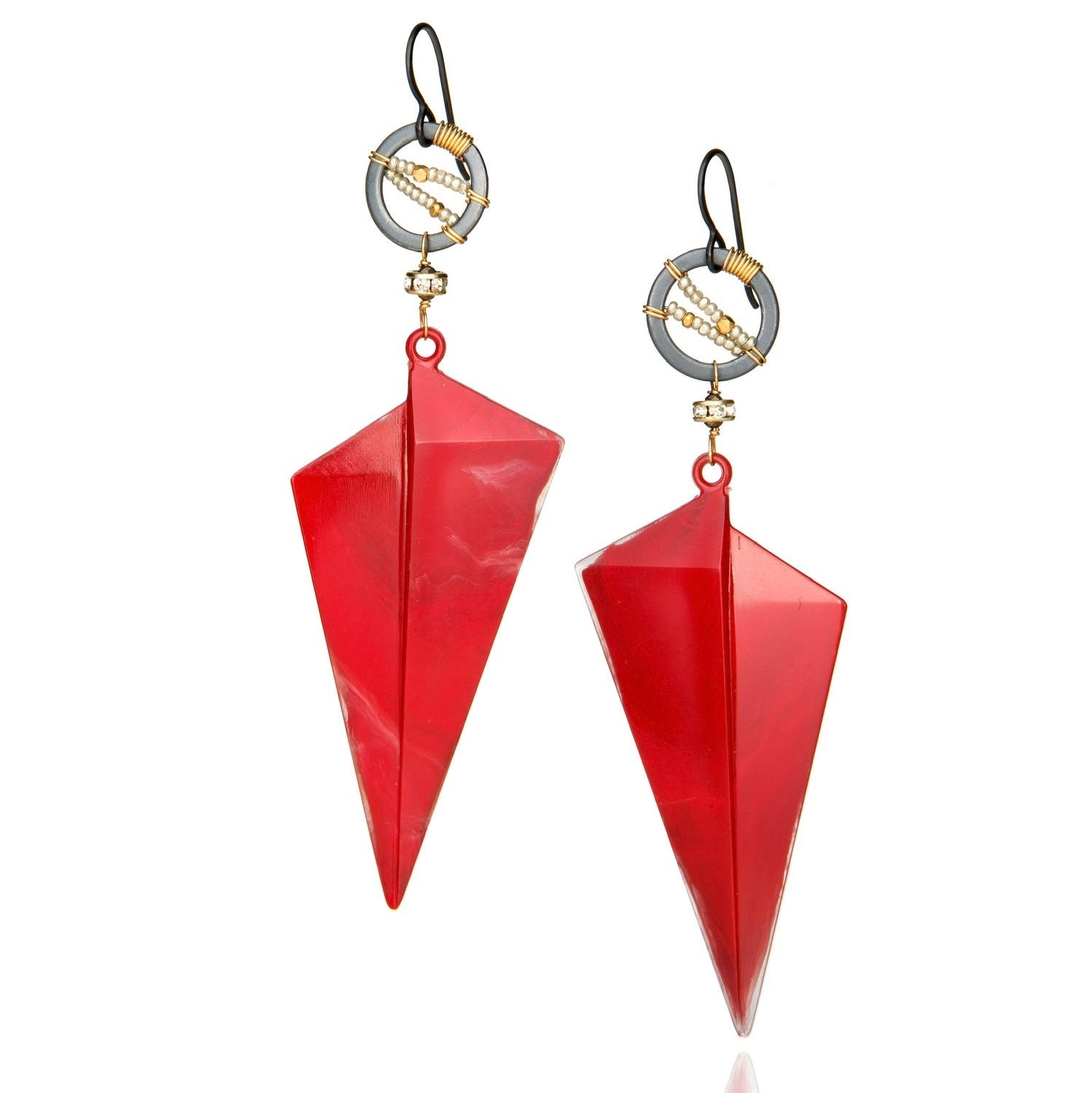 triangle drop earrings in red vintage resin with gold electroplate
