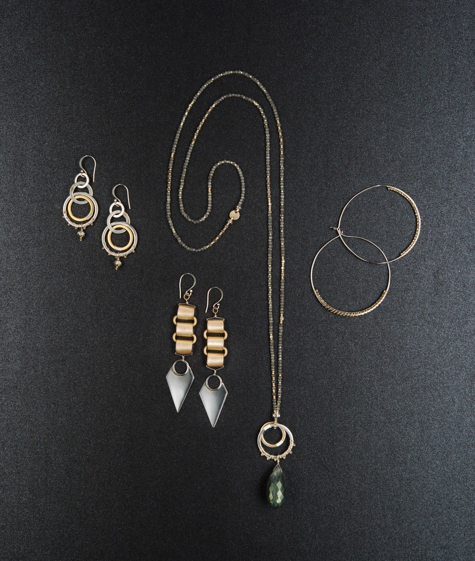 our collection of mixed metal and silver hoop or circle drop earrings
