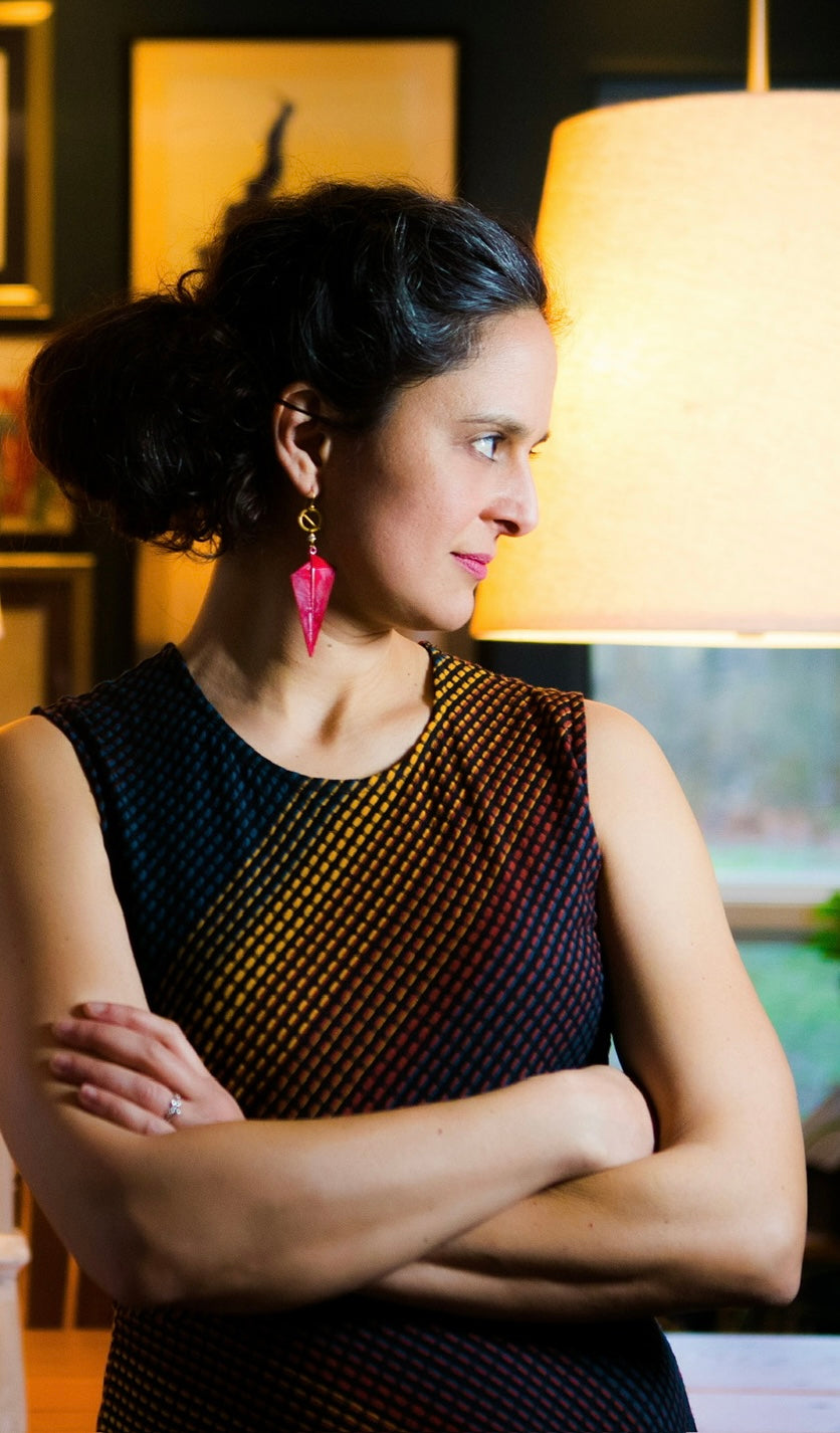 Woman wearing Sara Silvio Daring earrings — personal color analysis and handcrafted jewelry by Sara Silvio Rochester NY