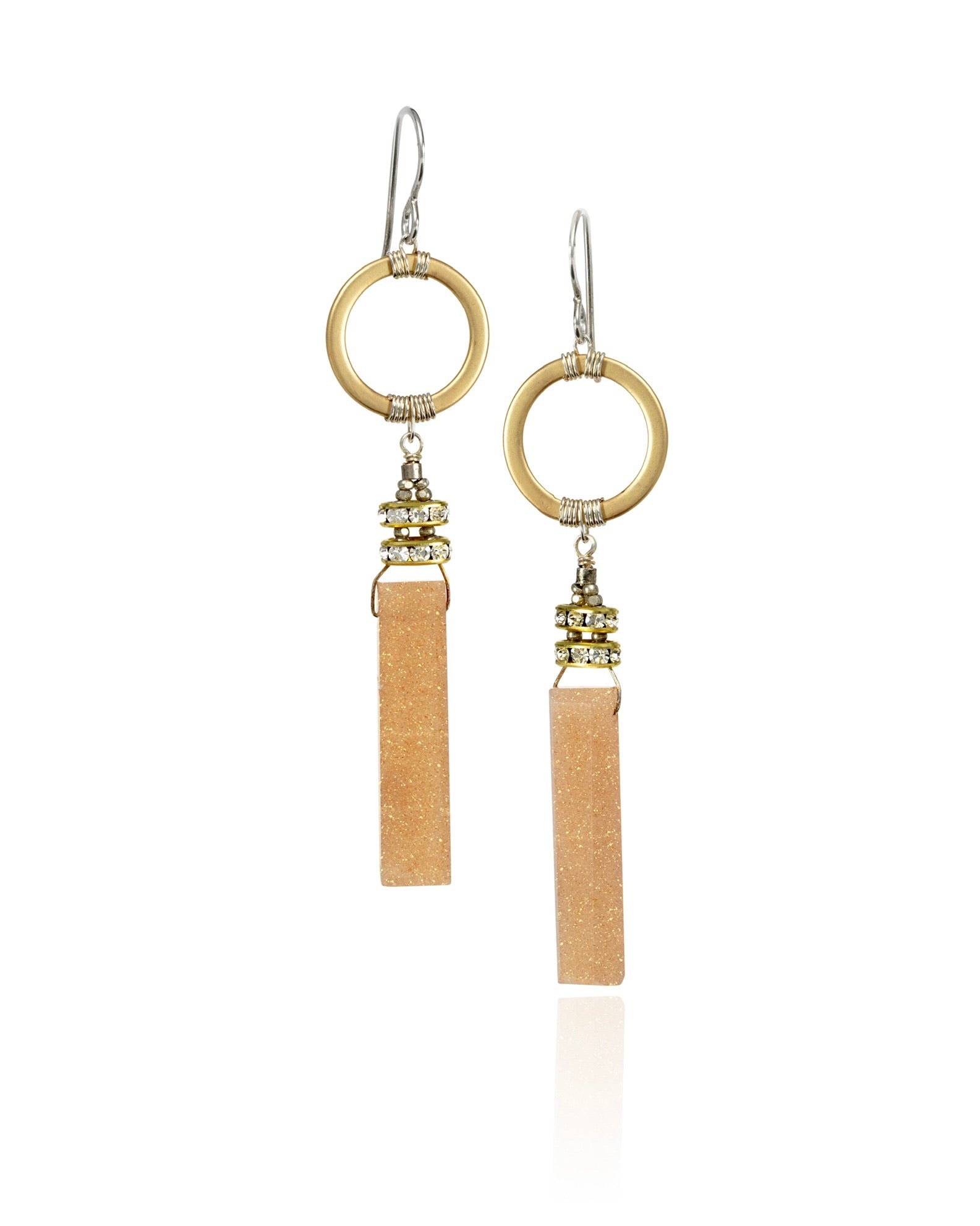 long bar ring drop earrings in pink sandstone with gold electroplate