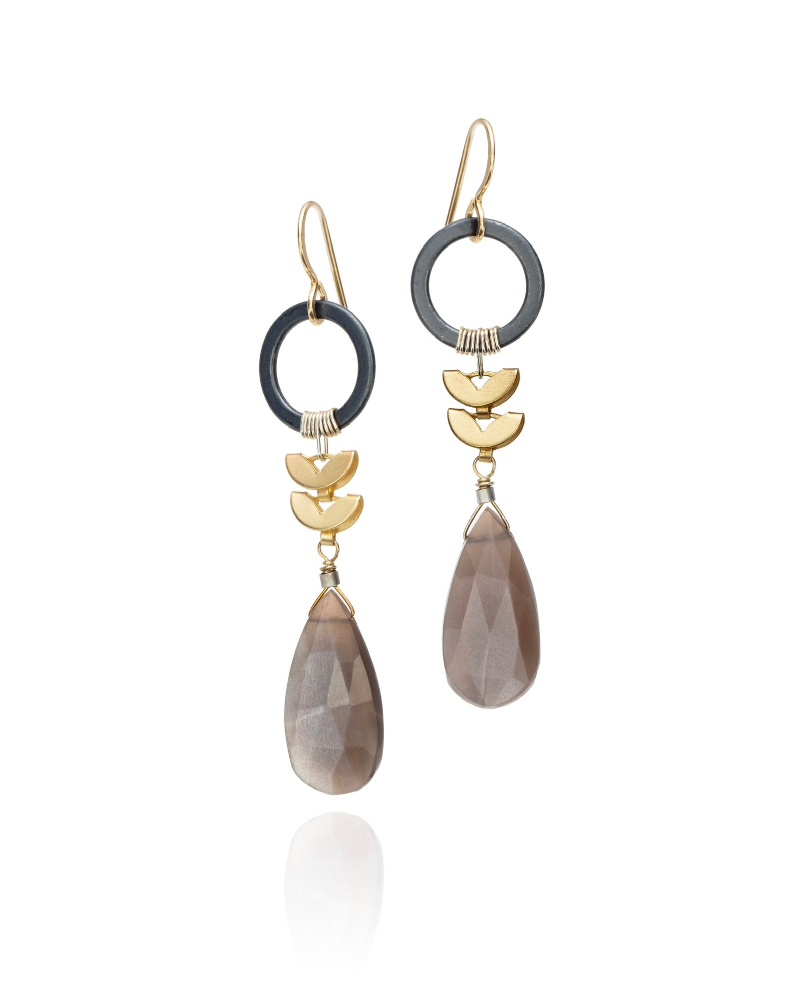 stacked circle crescent drop earrings in chocolate moonstone with mixed metal electroplate