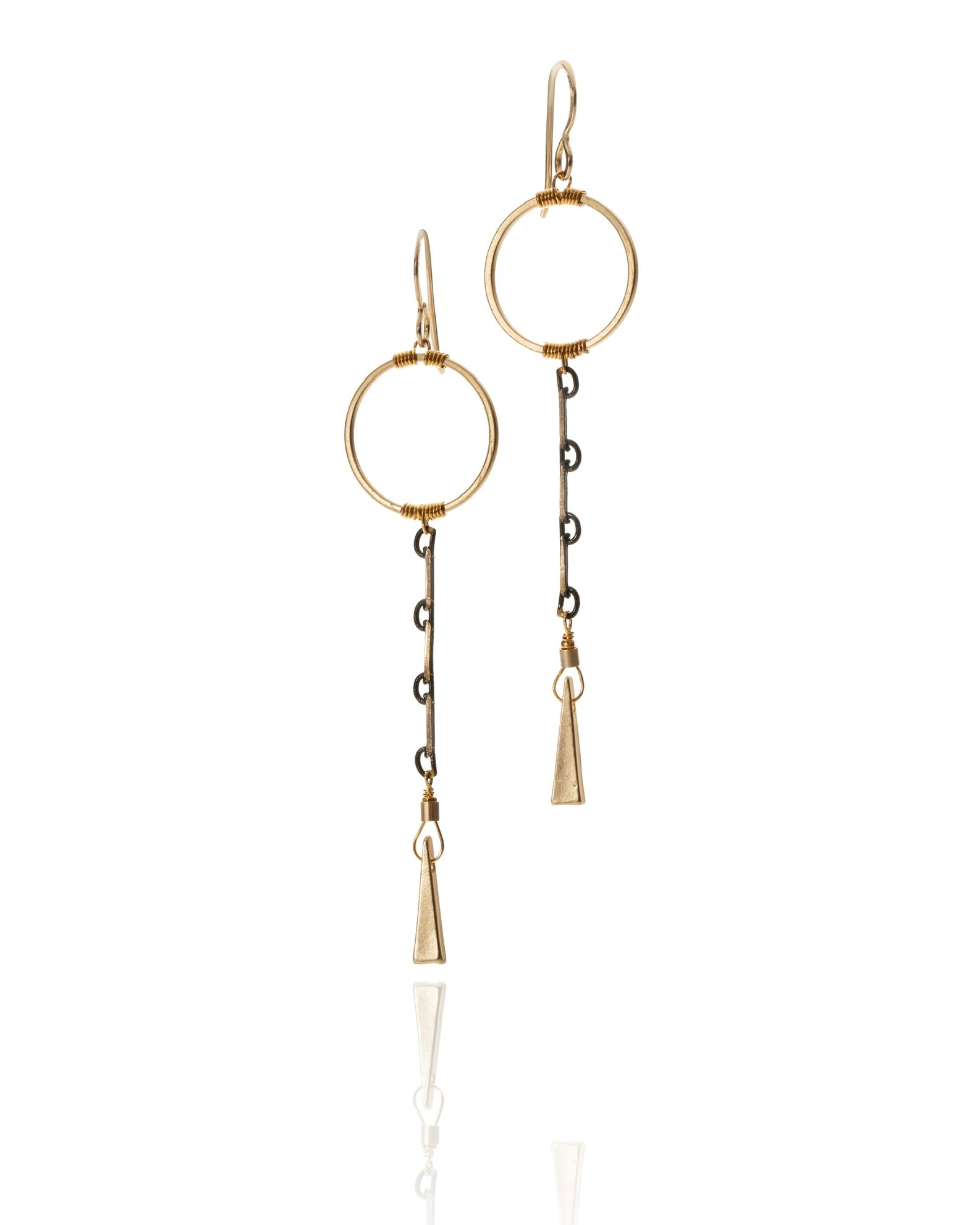 long chain drop earrings in black and gold electroplate