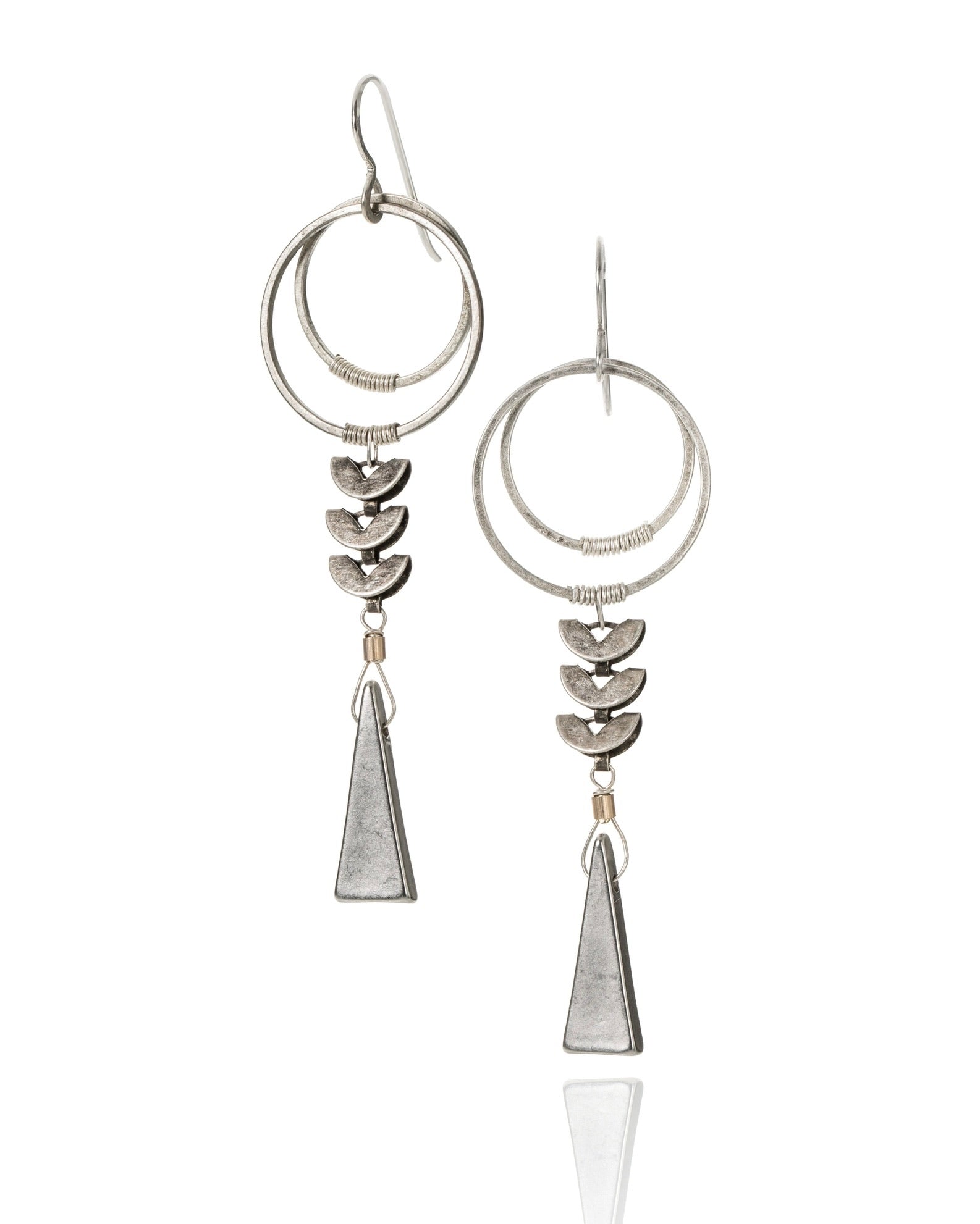 stacked crescent drop earrings in antique silver electroplate