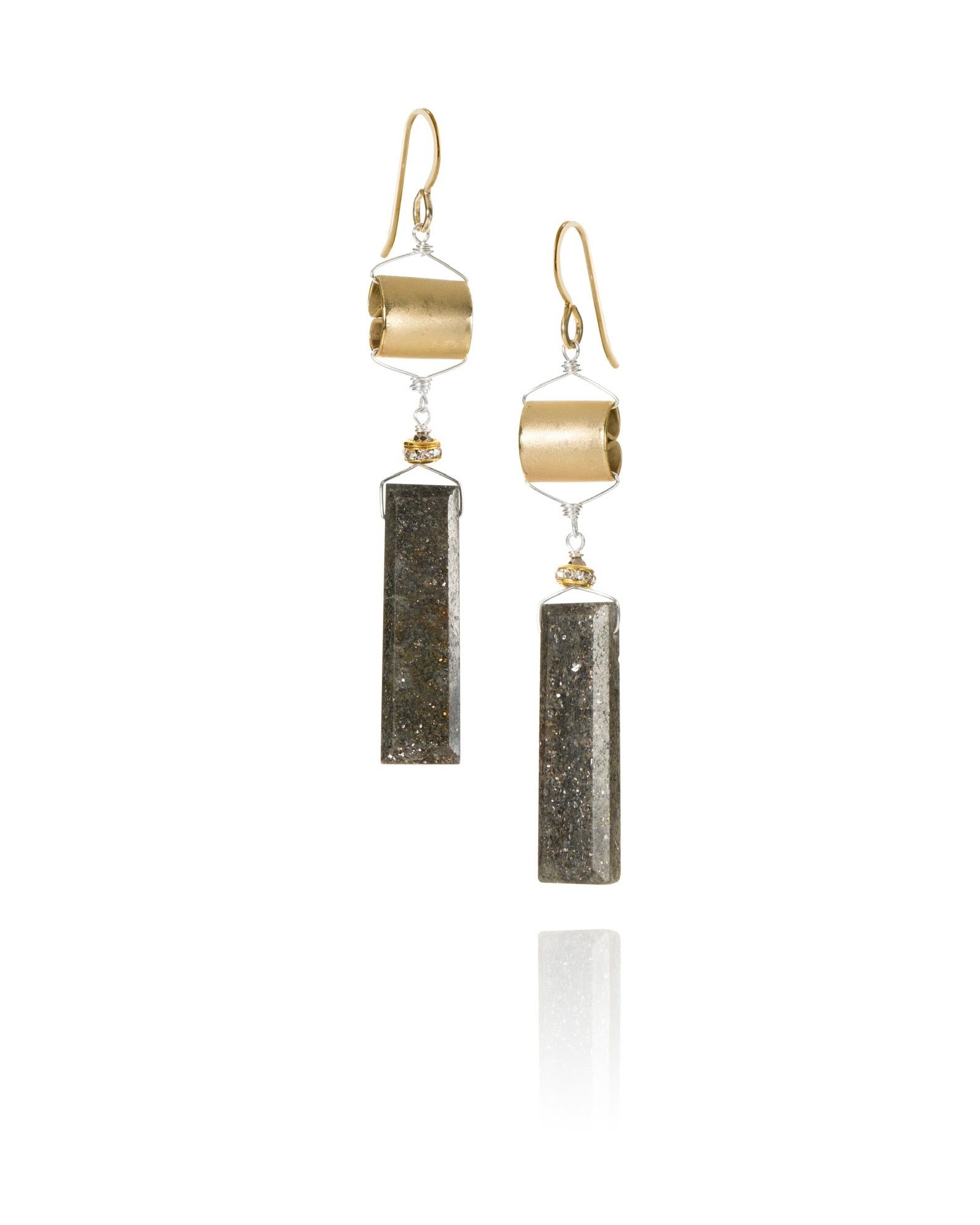 long bar drop earrings in black sandstone with gold electroplate