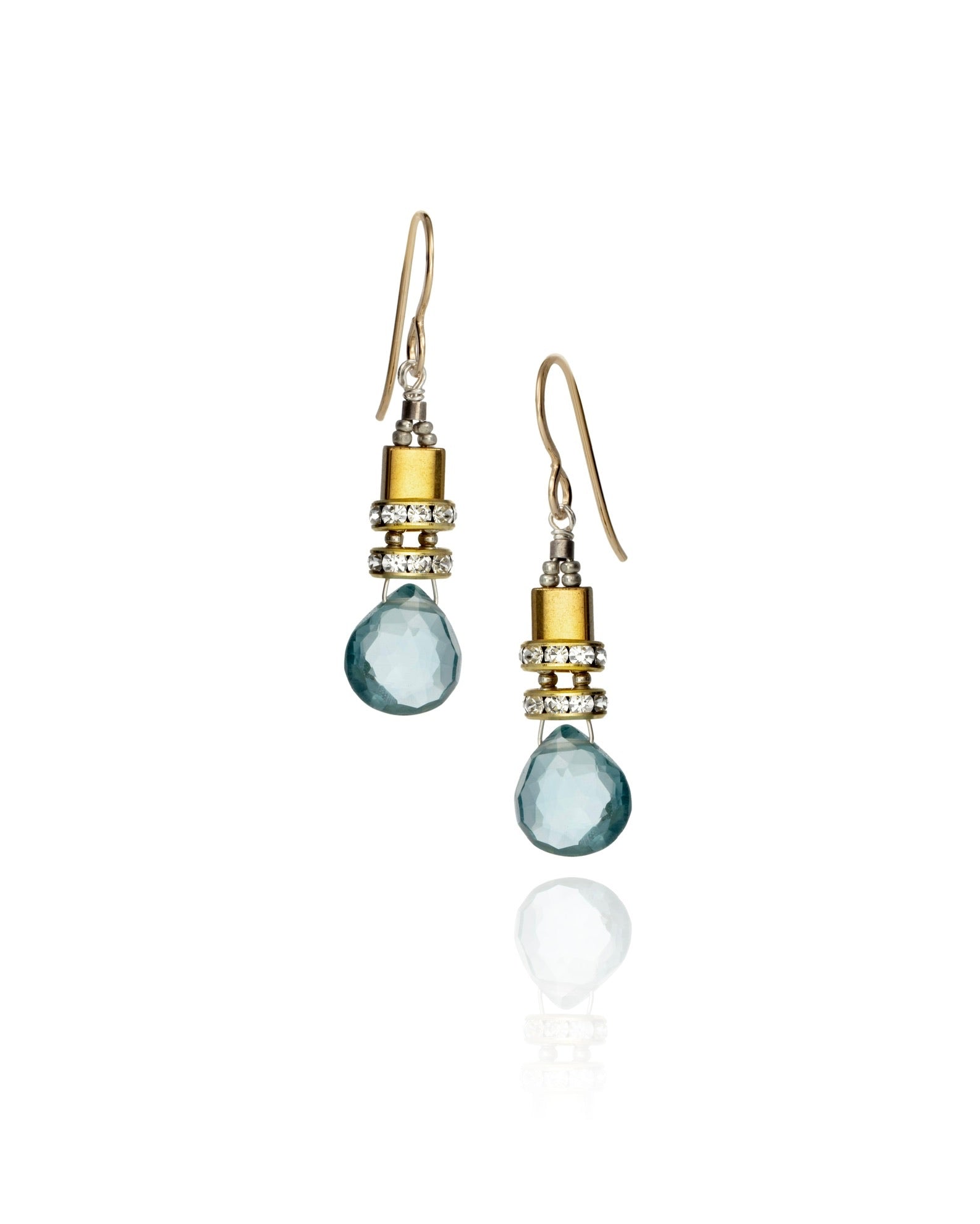 drop earrings in blue topaz with vintage crystal and bronze hematite