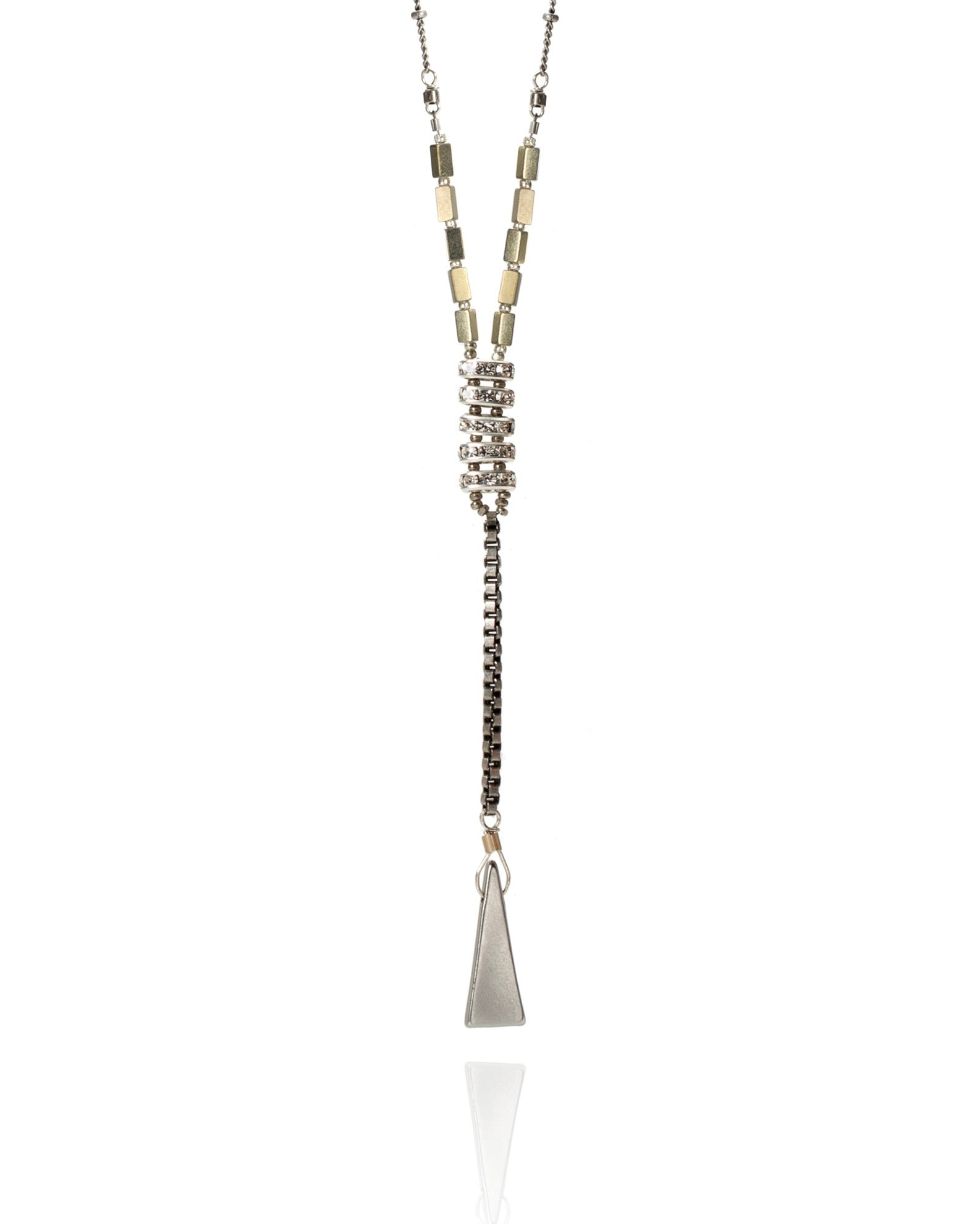 linear drop necklace in bronze hematite with vintage crystal with gold electroplate