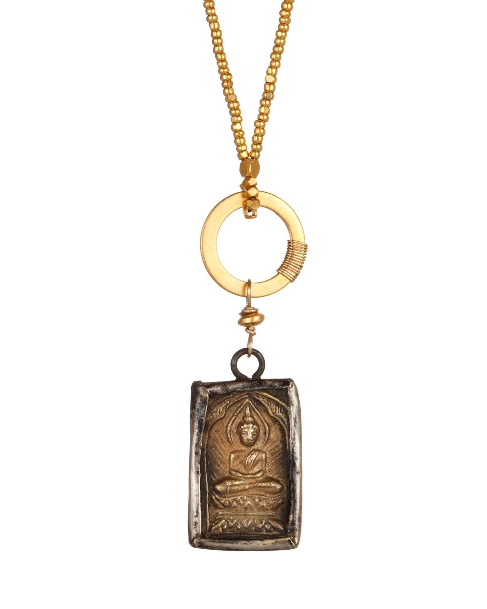 circle pendant necklace with antique Buddha pendant with Charlotte beads with 24k gold over sterling silver