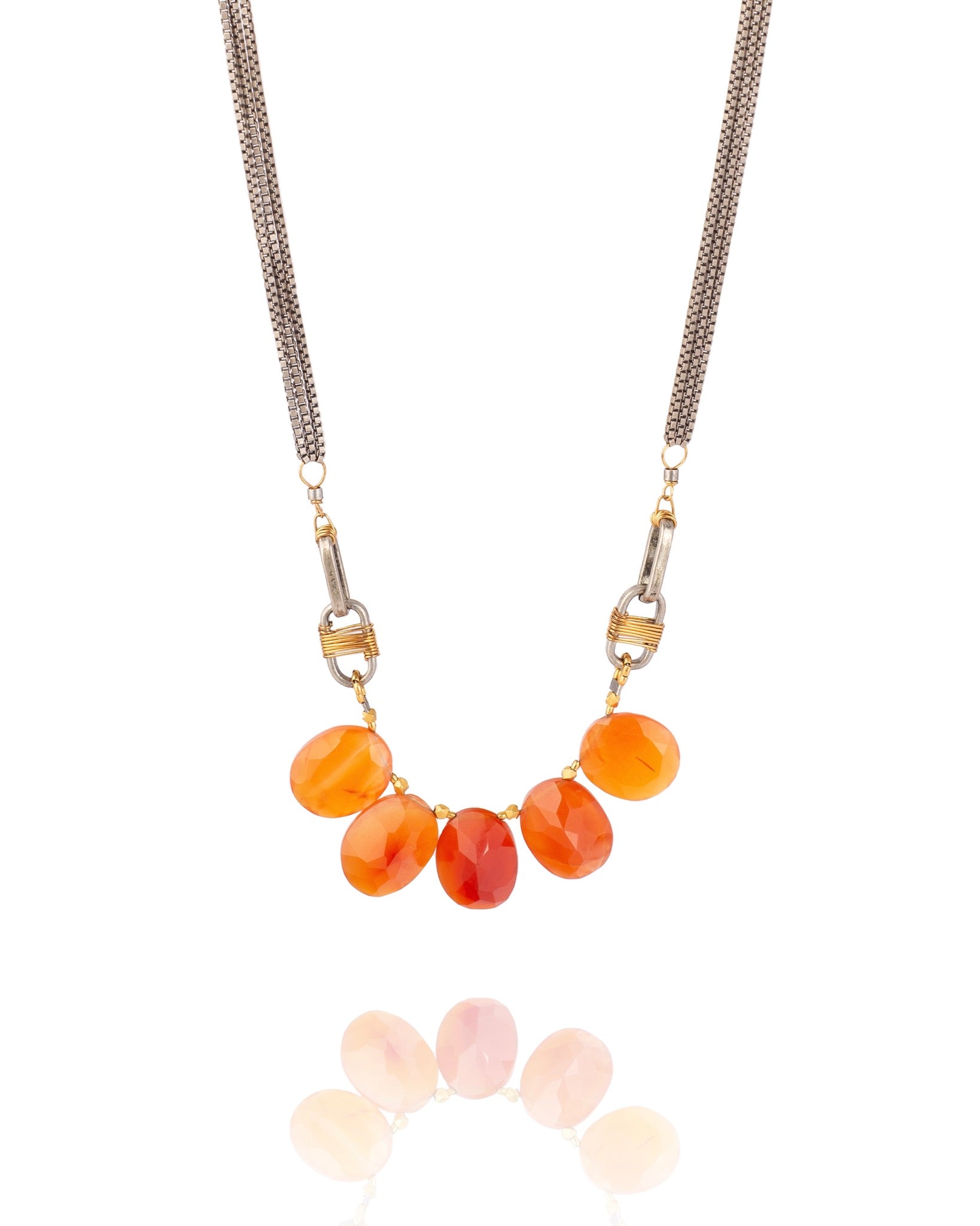 petal necklace in carnelian with 24k gold over sterling accents and antique silver electroplate chain